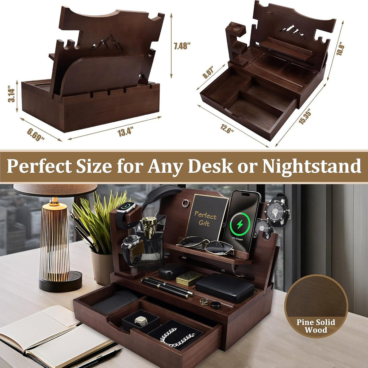 Nightstand Organizer for Men with Large Drawer, Wood Phone Docking Station for Phone, Apple Watch, Wallet & Keys, Ideal
