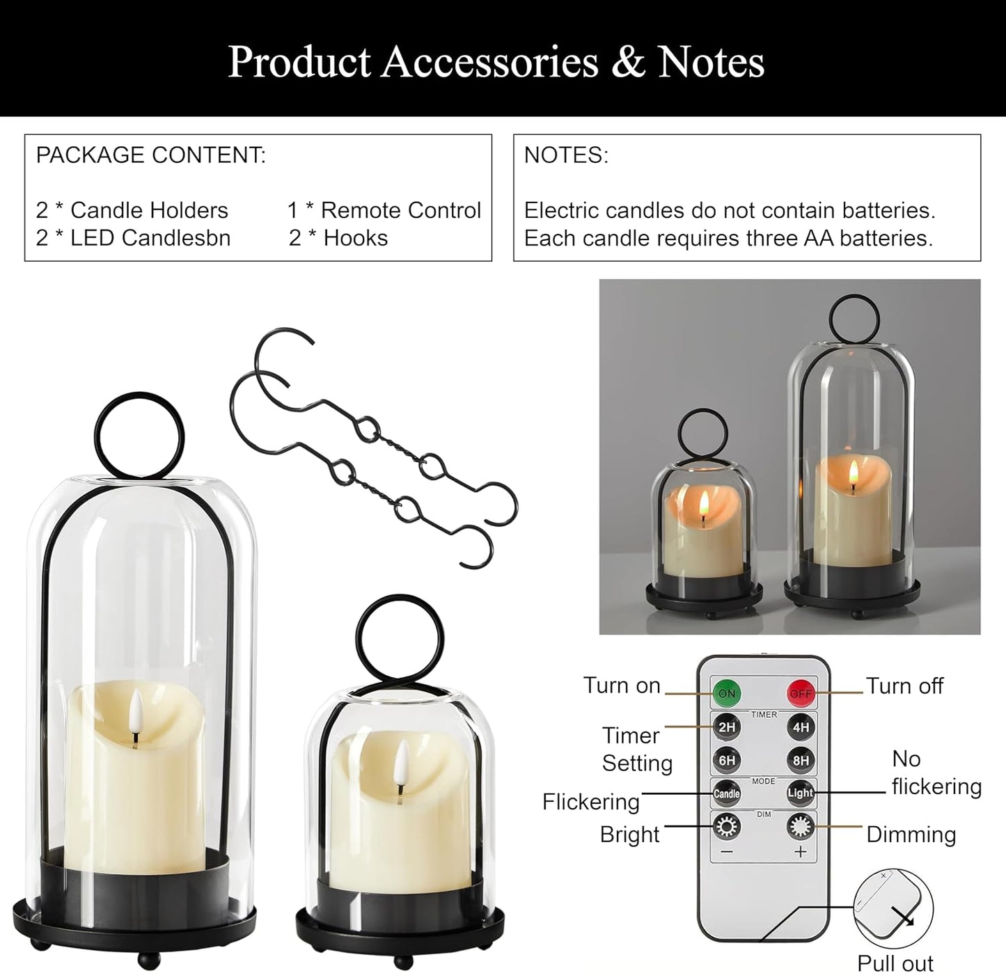 5"&4" Metal Candle Holder with Handmade Glass Dome in Brass & 2 Timer Candles, Set of 2 Versatile Hurricane Glass