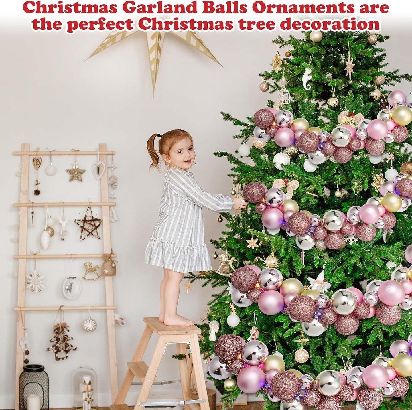 2 Pcs Christmas Balls Garland 6 ft Hanging Ornaments Xmas Balls Decorations with 2 Pcs 10 Feet LED Lights Indoor