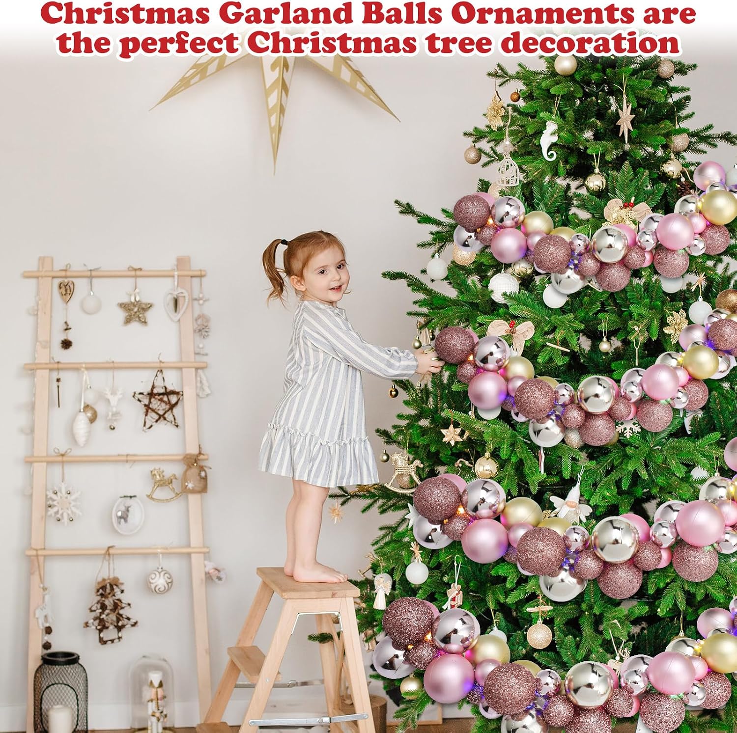 2 Pcs Christmas Balls Garland 6 ft Hanging Ornaments Xmas Balls Decorations with 2 Pcs 10 Feet LED Lights Indoor