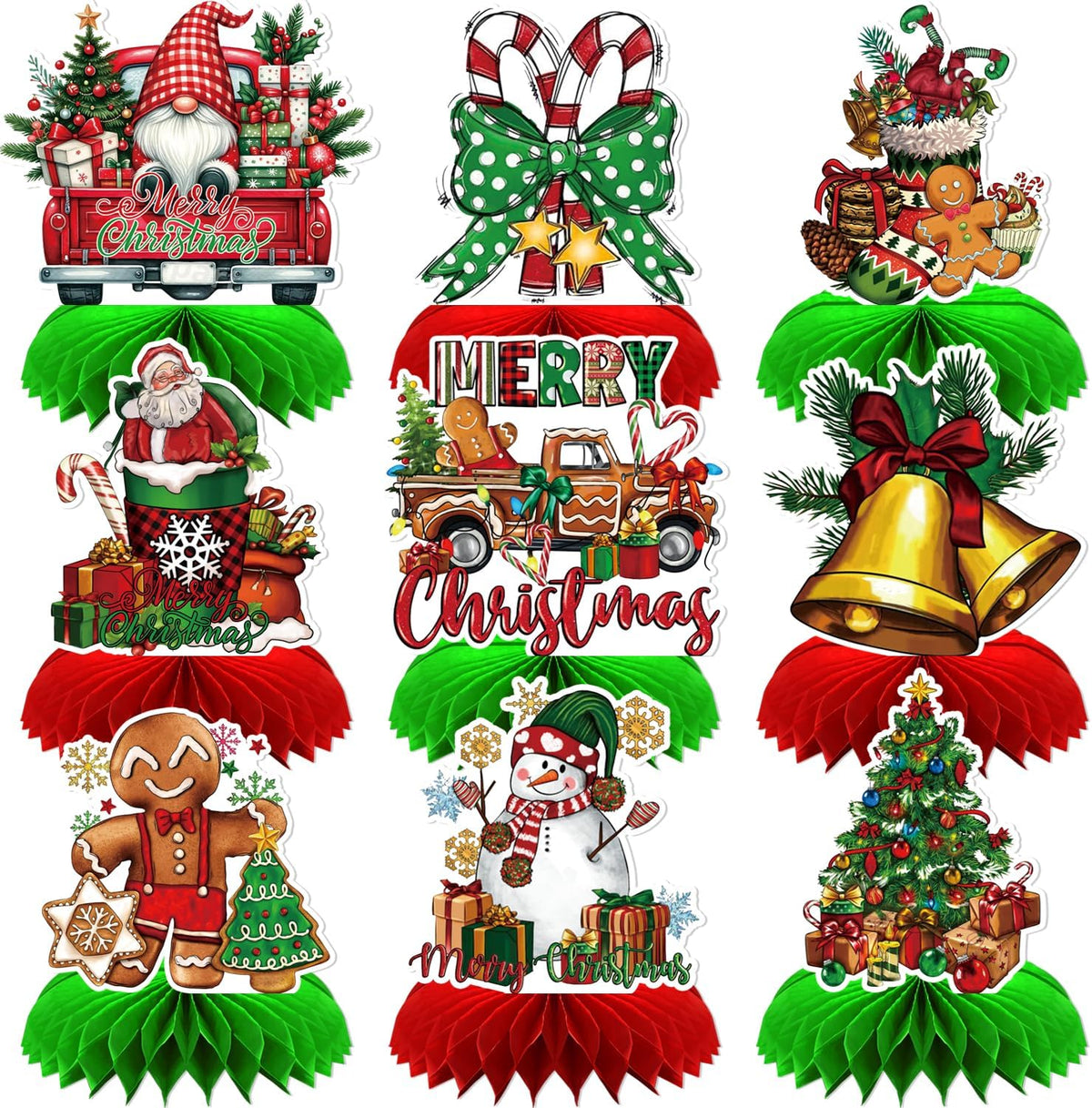 Christmas Party Table Decorations, 9Pcs 3D Christmas Honeycomb Centerpieces with Santa Claus & Snowman Designs, Festive Table Toppers for Winter Christmas Party Supplies
