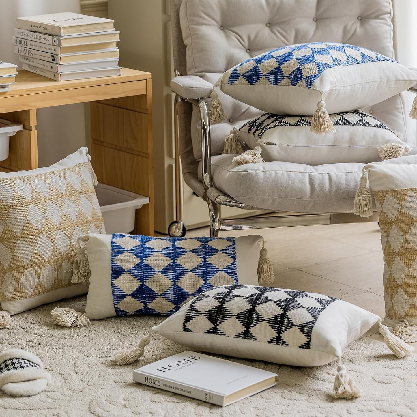 Tassels Farmhouse Pillow Covers / 20 x 12 / Blue Plaid