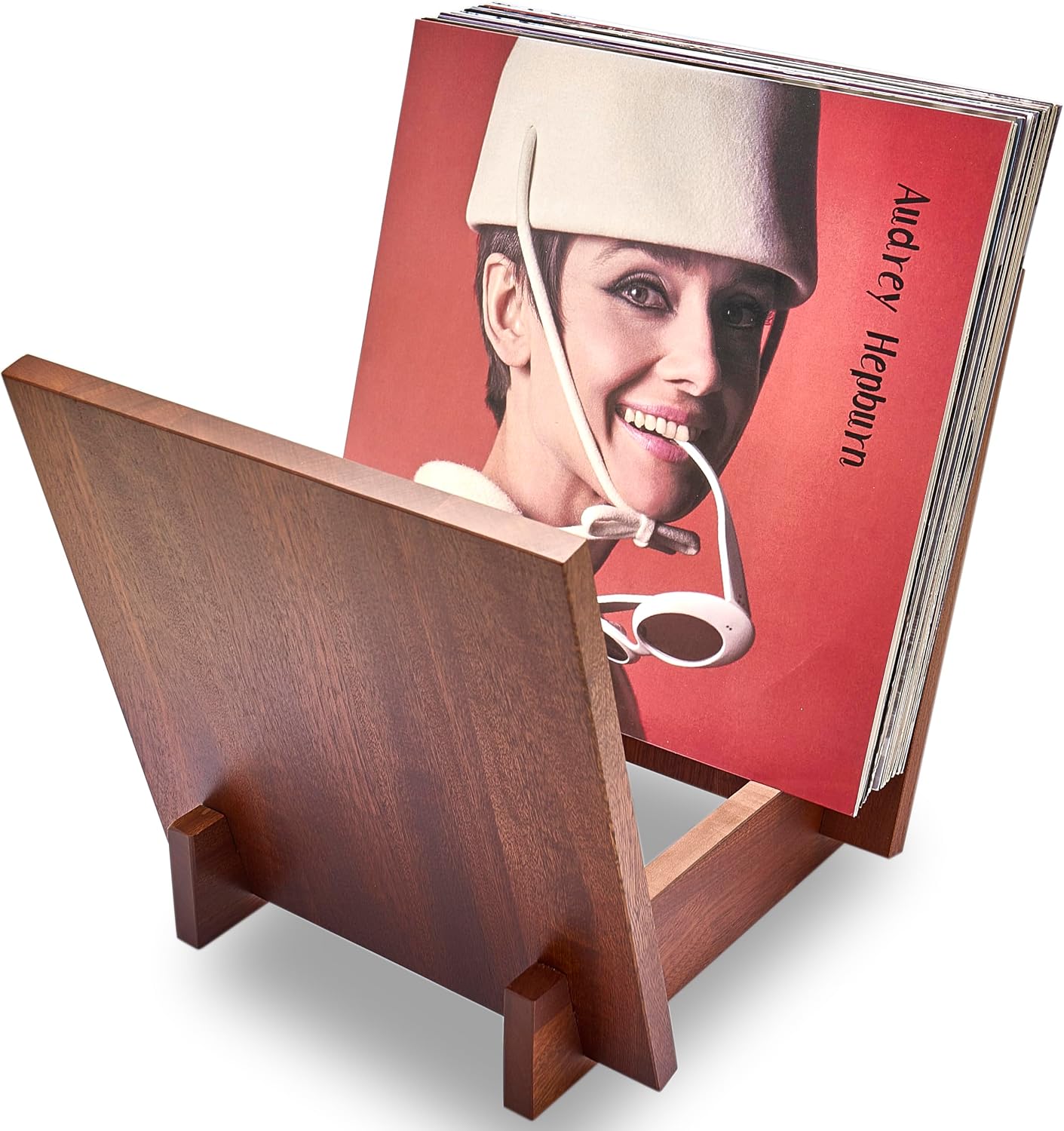 Honygebia Sapele Wood Vinyl Record Holder, V-Shaped Rack for 40 Premium LPs | Solid Sapele Wood Record Album Holder