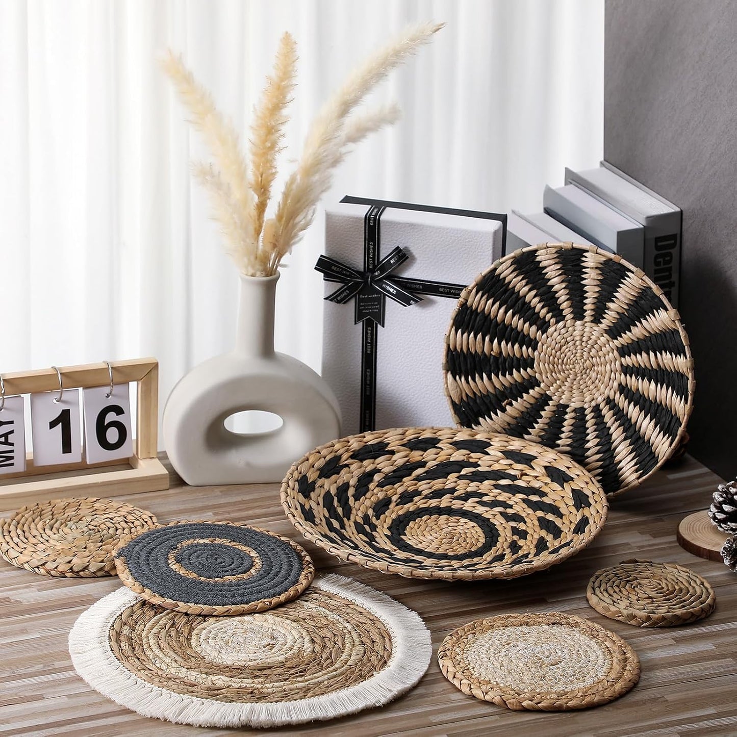 Boho Wall Basket Decor Hanging Handcrafted Seagrass Woven Round Bohemian Basket / Classic / Set of 7