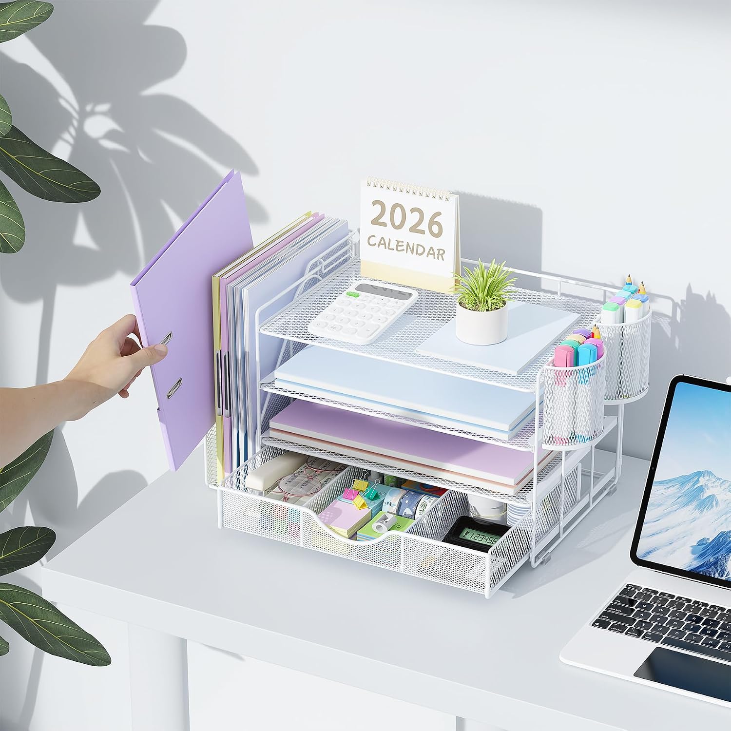 gianotter Desk Organizers and Accessories with File Holder, 4-Tier Desk Accessories & Workspace Organizers with Drawer