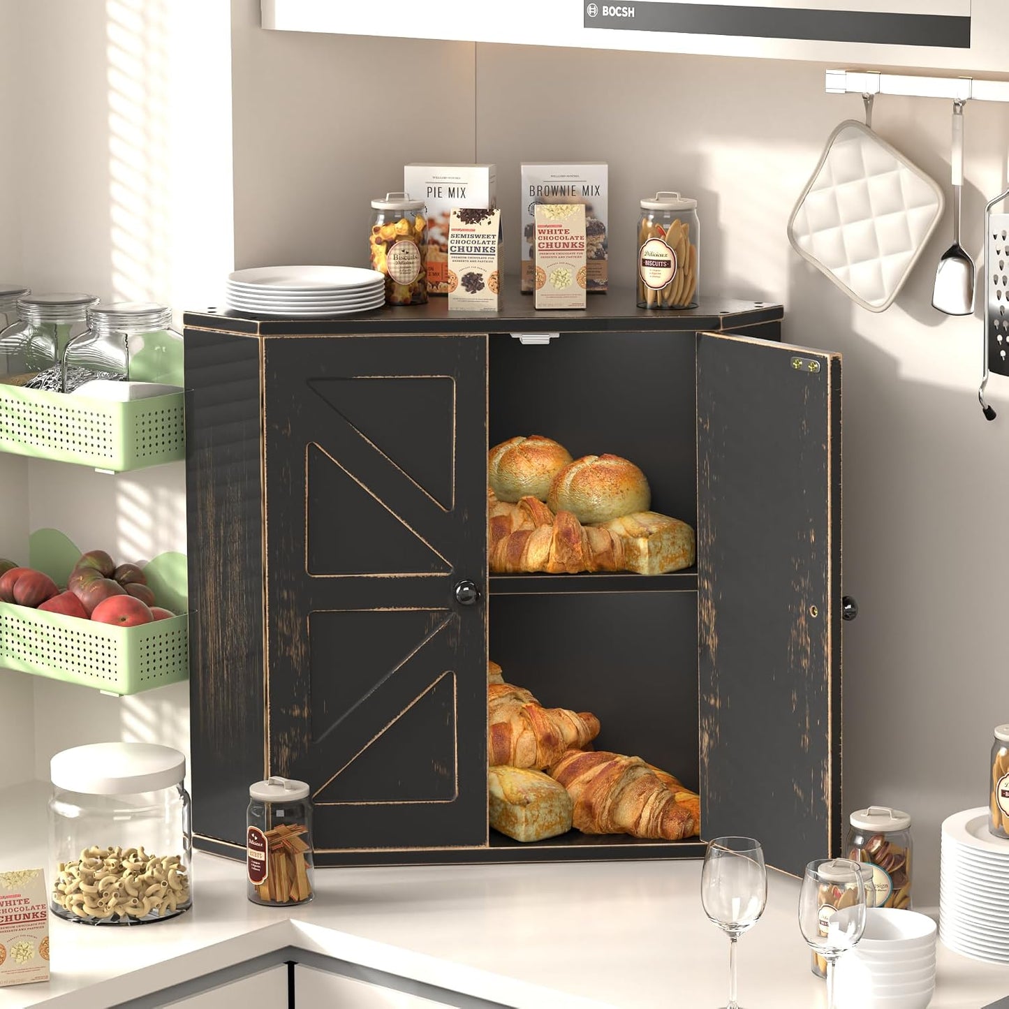 Corner Bread Box for Kitchen Countertop, Storage Container for Homemade Bread, Double Layer BreadBox, Large Capacity