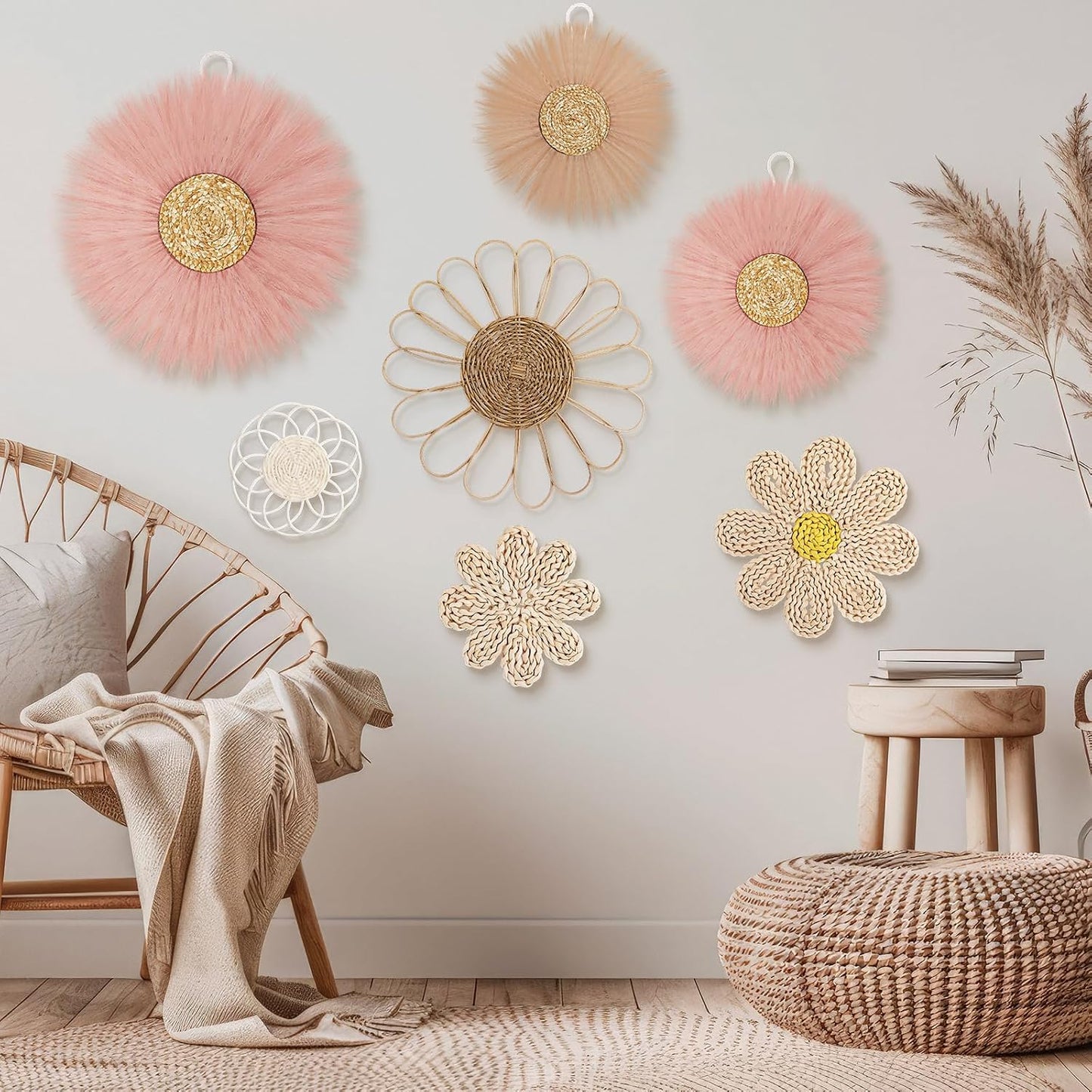 Boho Wall Basket Decor Rattan Flower Wall Decor Nursery Daisy Flower Woven / Dark Pink / Set of 7