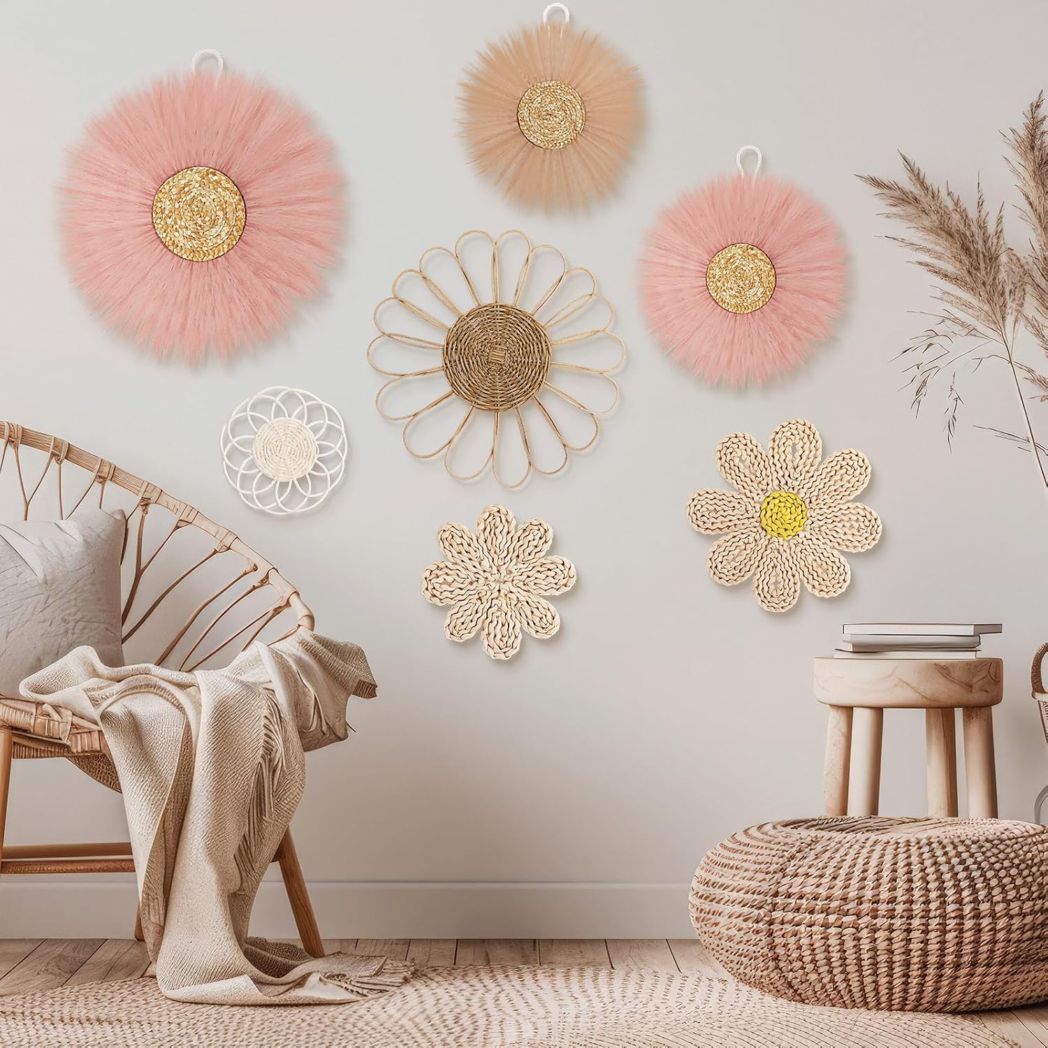Boho Wall Basket Decor Rattan Flower Wall Decor Nursery Daisy Flower Woven / Dark Pink / Set of 7