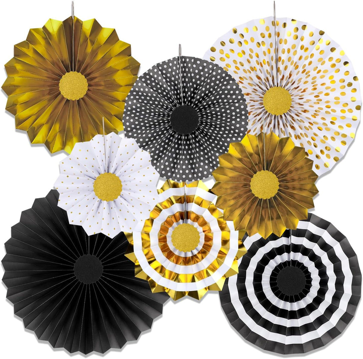 8 PCS Black Gold Party Hanging Paper Fans Decorations,Round Flower Paper Pompoms Fan for Photo Backdrop Halloween Graduation Birthday Wedding Party Decorations
