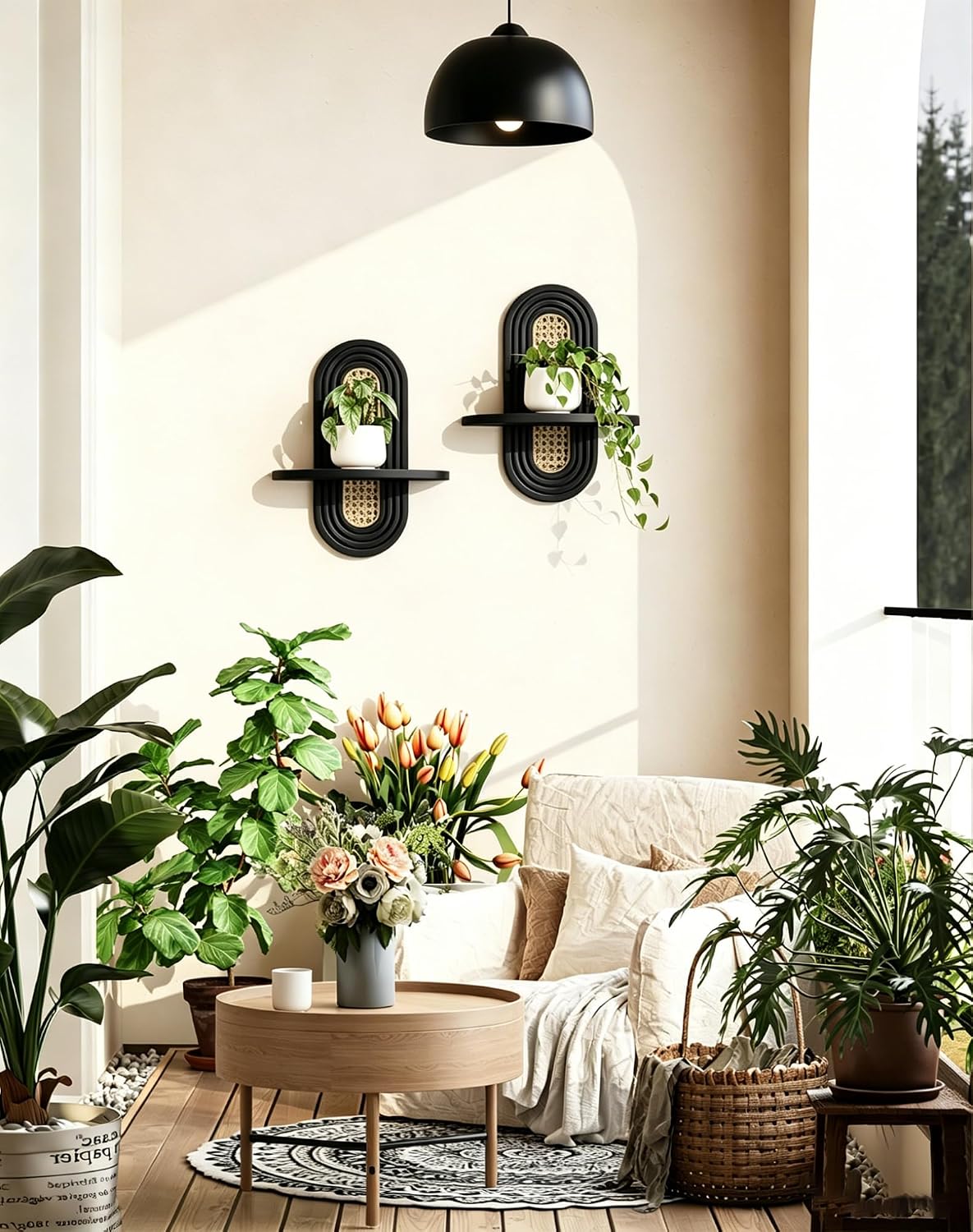 Floating Shelves / Rattan Plant Shelf / Black / Set of 2