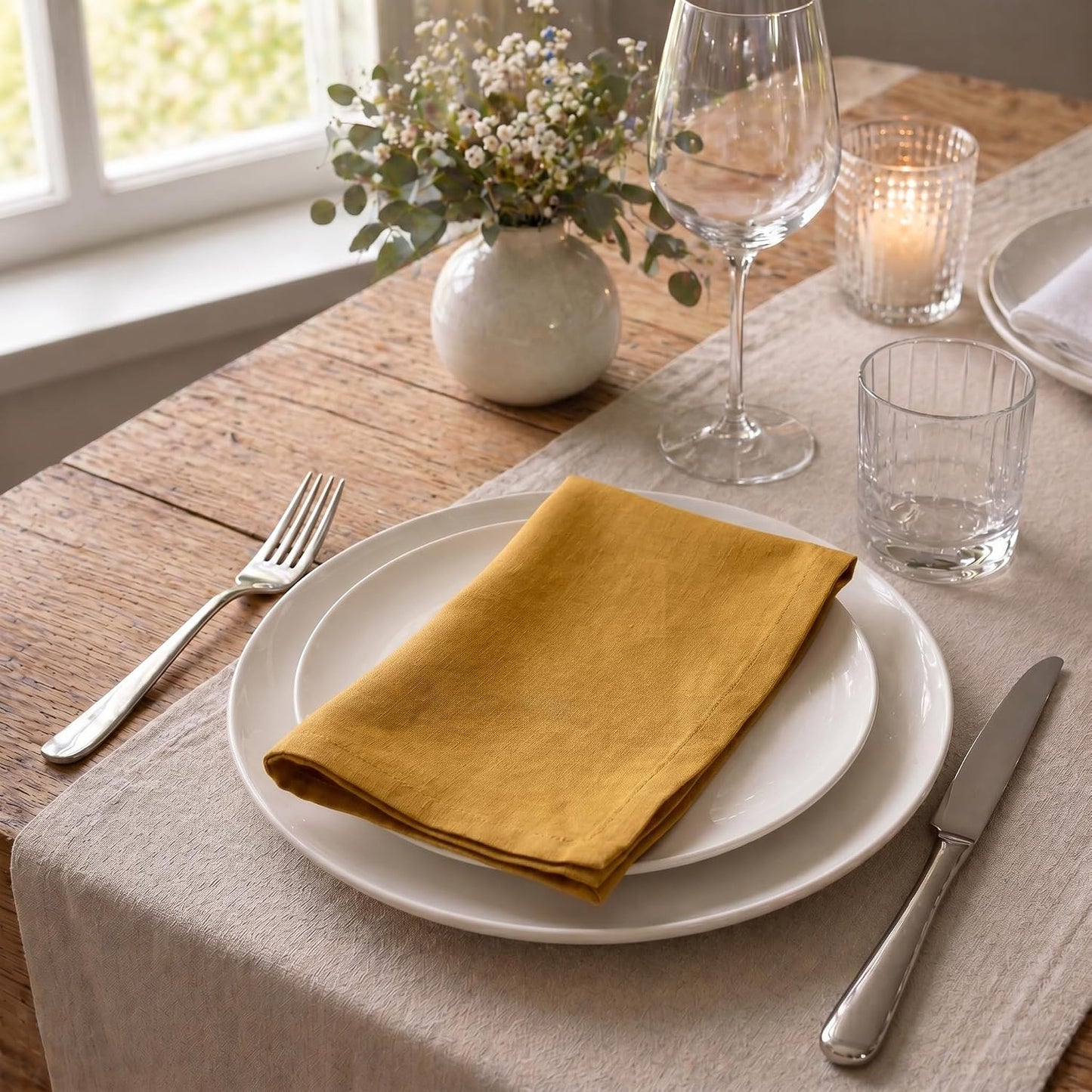 ACCENTHOME Mustard Cotton Linen Napkin Set of 12 18x18 inch Dinner Napkins | Cotton Linen Blend Napkins, Machine Wash
