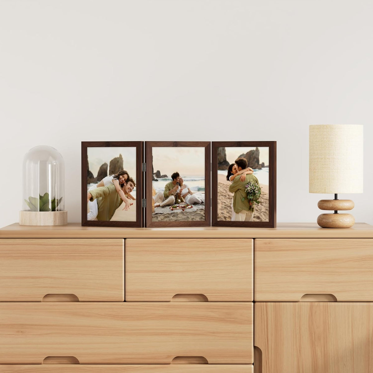 decorUhome Brown Triple 8x10 Picture Frame Vertical, MDBN08 | "Z" Shape Folding Design Engineered Wood Trifold Photo