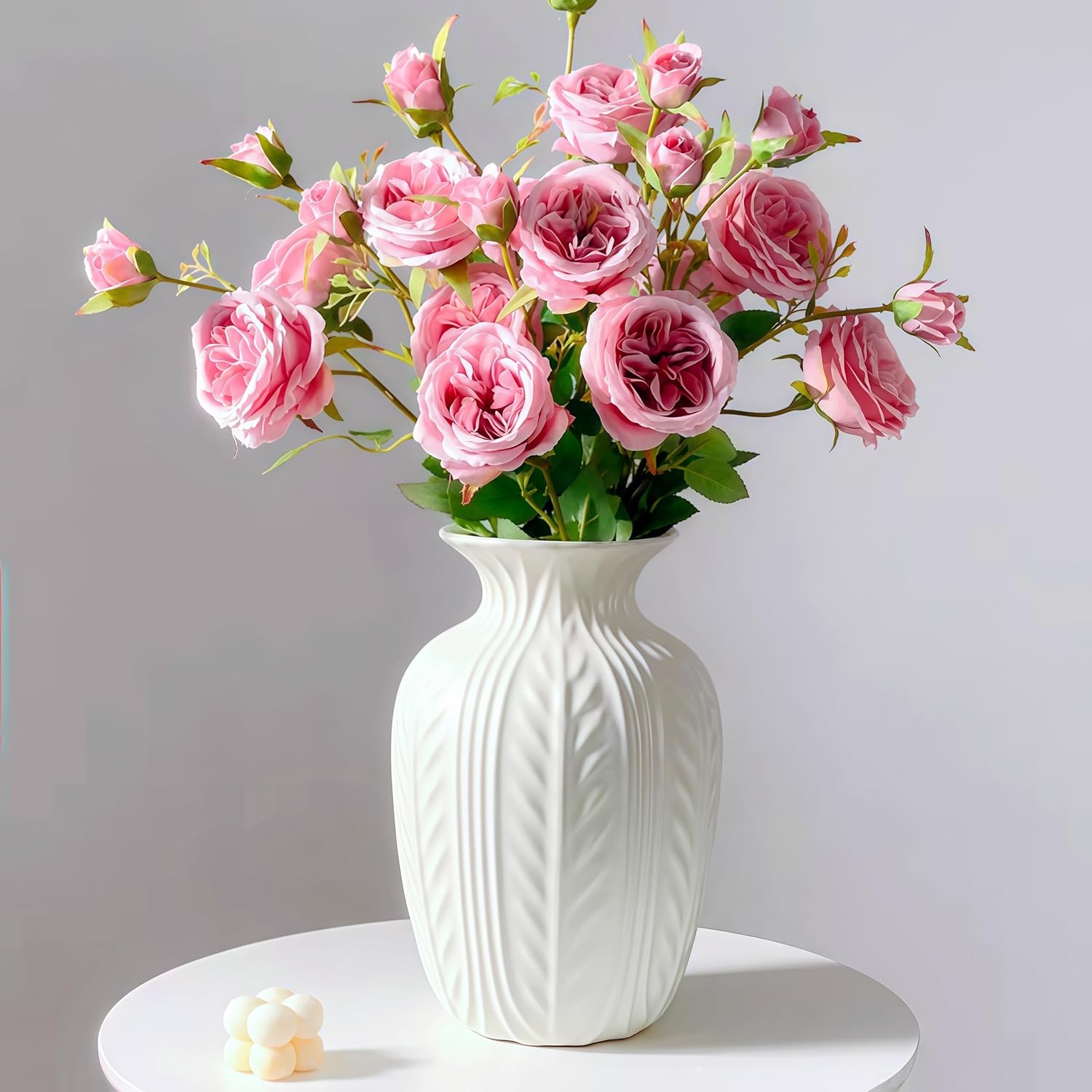 Wheat Textured White Ceramic Flowers Vase Modern Home Decor / Matte White / 10 Inch