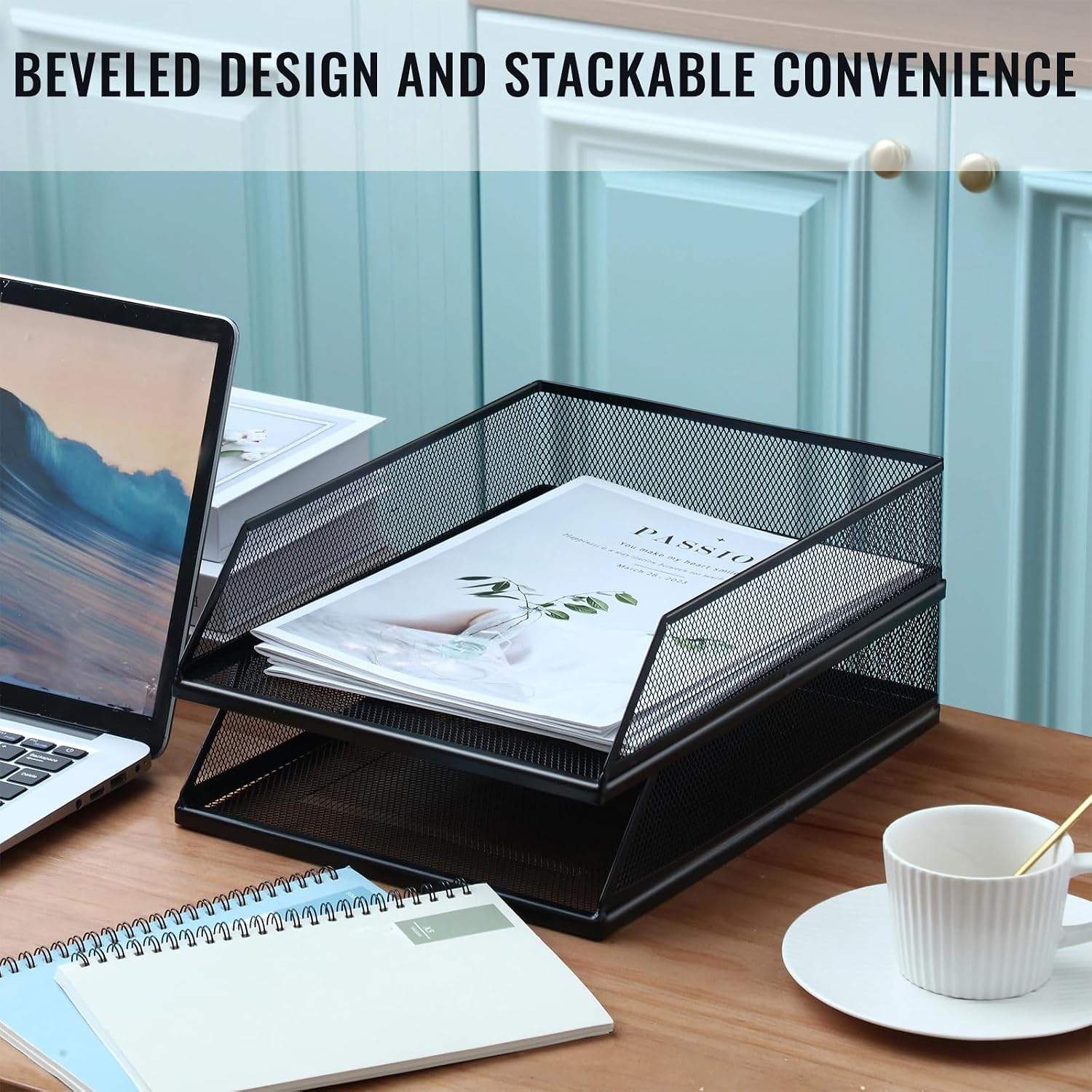Hicarer 2 Pcs Black Metal Letter Tray Stackable Desk Tray Single Wire Mesh Organizer Front Load File Paper Holder for
