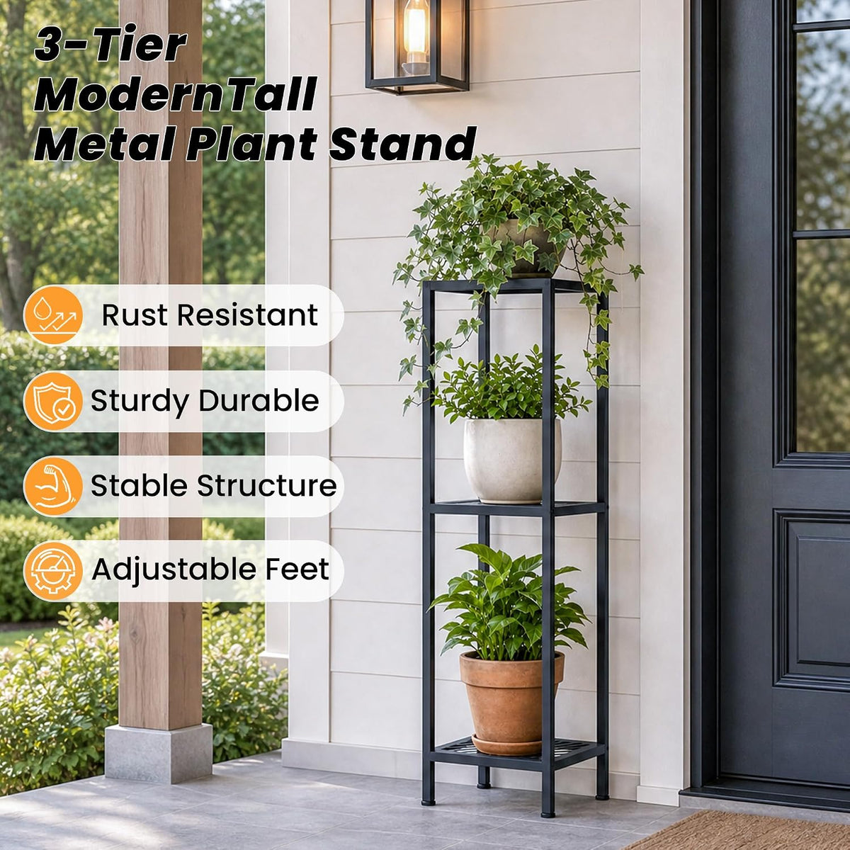 TOSKING Tall 3-Tier Heavy Duty Metal Plant Stand,12"x12"x42" ,Black | Indoor/Outdoor Corner Shelf, 300 LBS, 2 Height