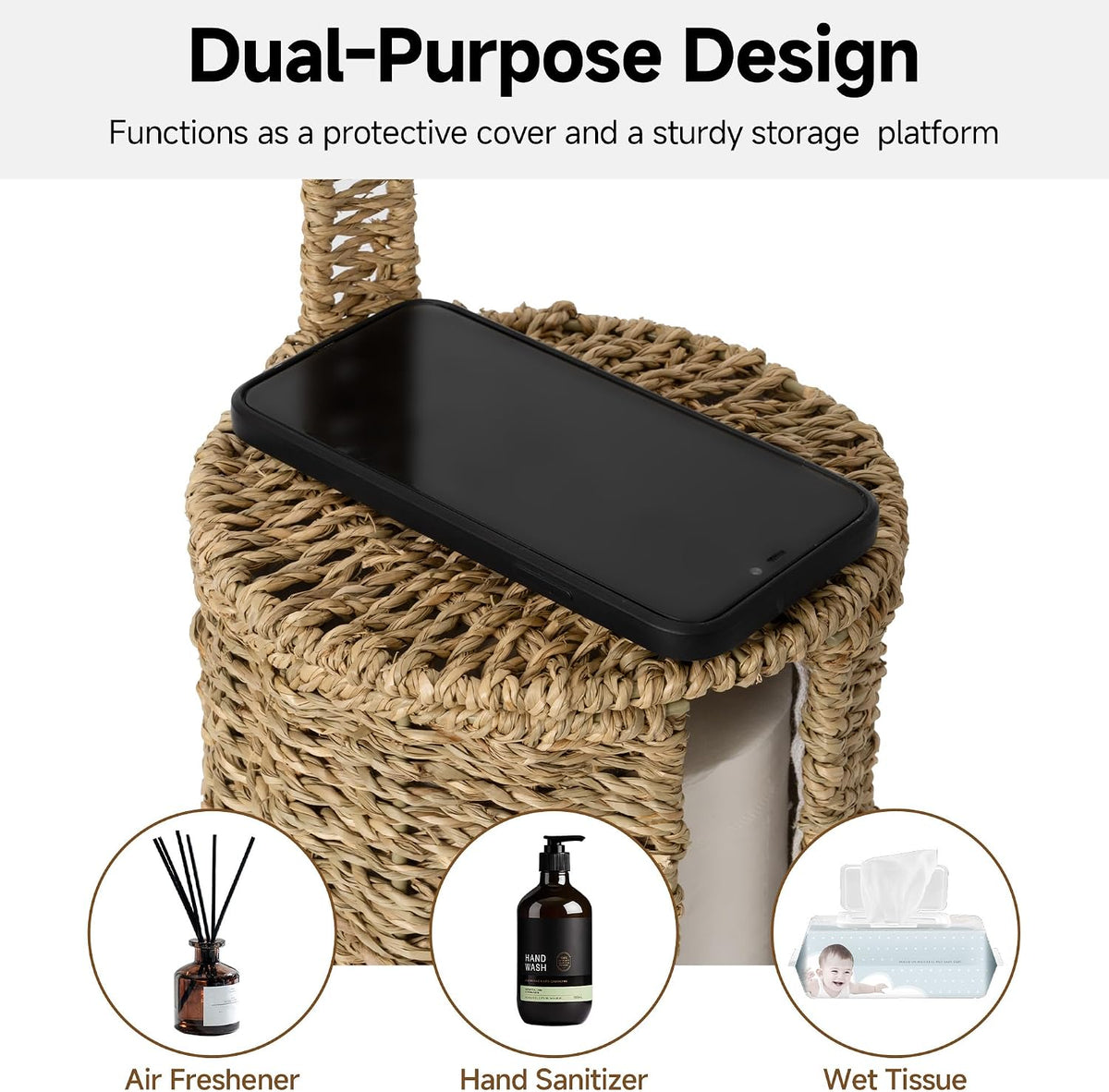 StorageWorks Wicker Freestanding Toilet Paper Holder Stand with Storage | Farmhouse Covered Toilet Paper Stand for 4