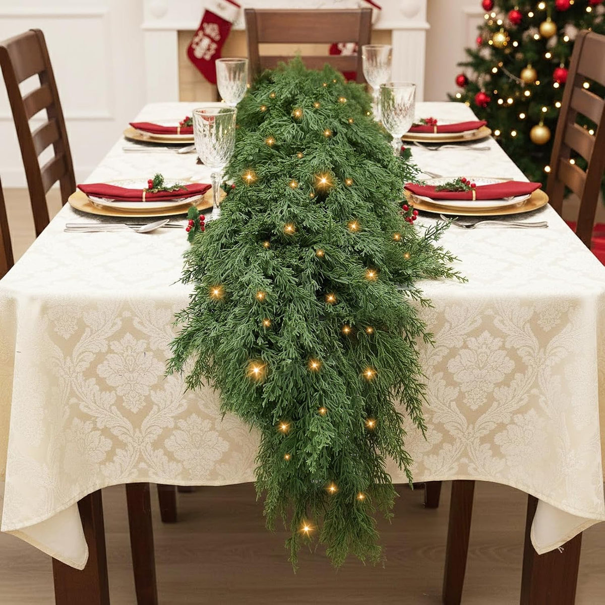 Cedar Christmas Garland for Mantle - 2 Pack Decorations with Lights 6 ft Realistic Lighted Faux Pine Garlands for Xmas