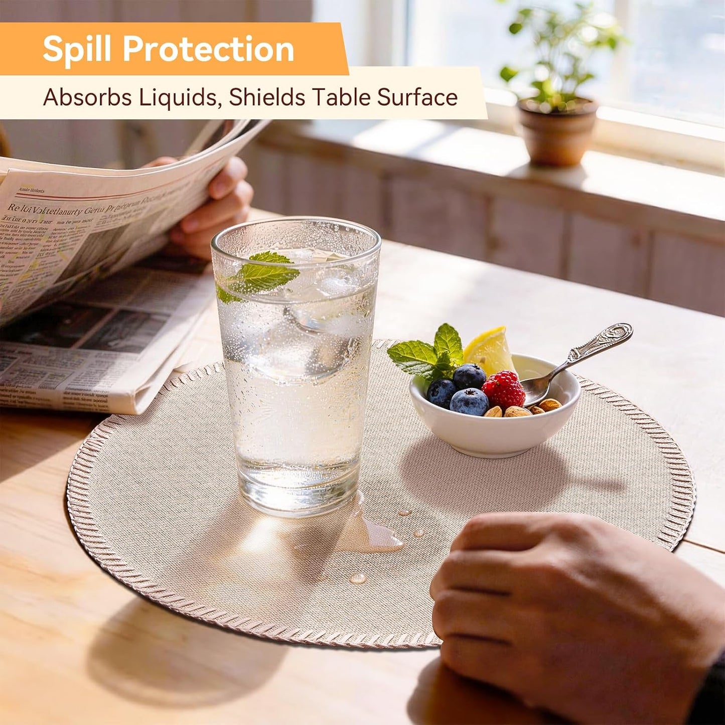 Round Placemats Set of 8 - Machine Washable Linen-Like Cloth Place Mats & Heat-Resistant for Dining Table - Ideal for