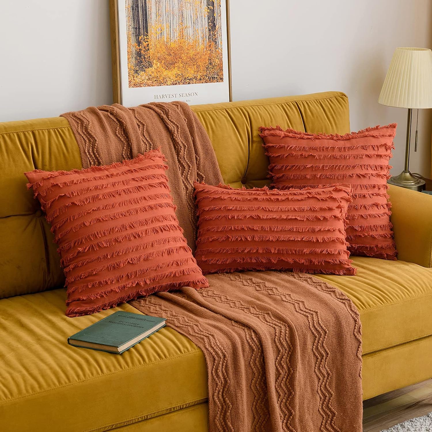 Fall Decorative Boho Throw Pillow Covers Linen Striped Jacquard / 16 x 16 / Burnt Orange / Set of 2