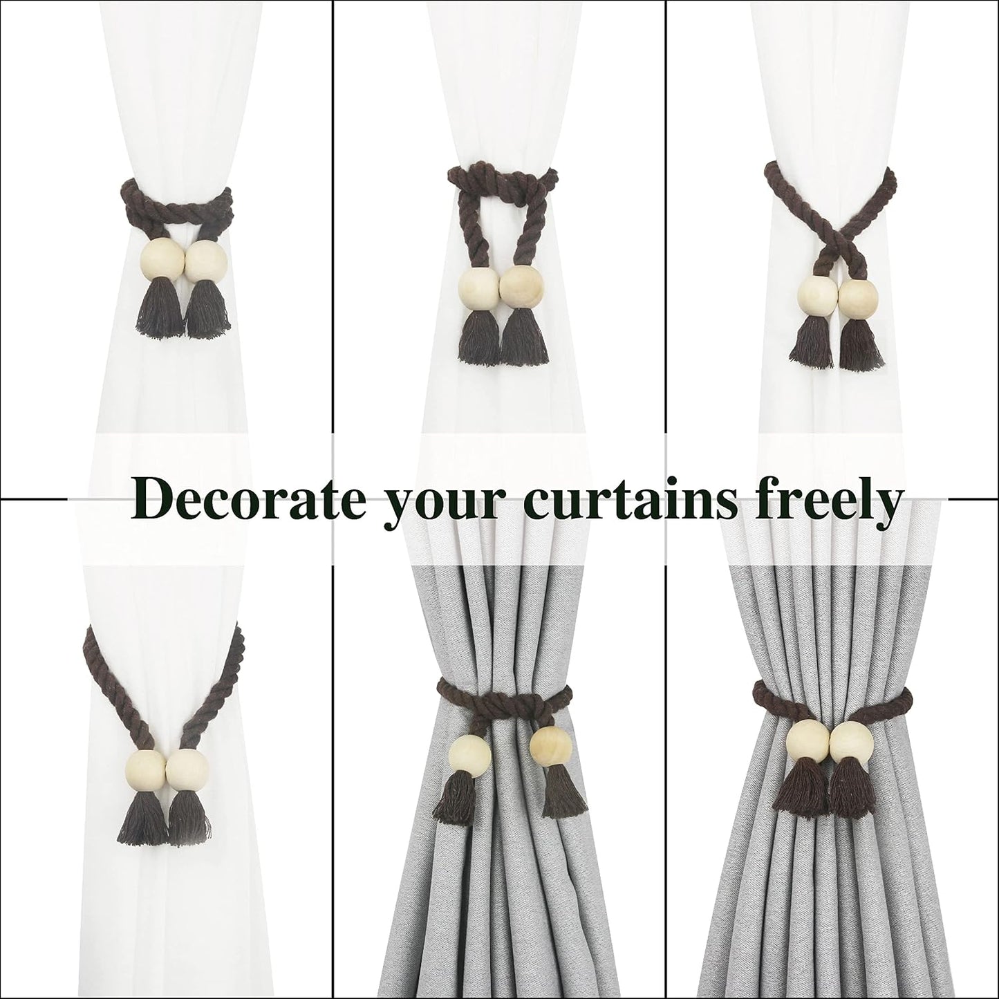 Magnetic Curtain Tiebacks Decorative Tie Back Drapes Holdbacks Nieffeiy | 6 Pack Coffee Cotton Hand Woven Rope Curtain