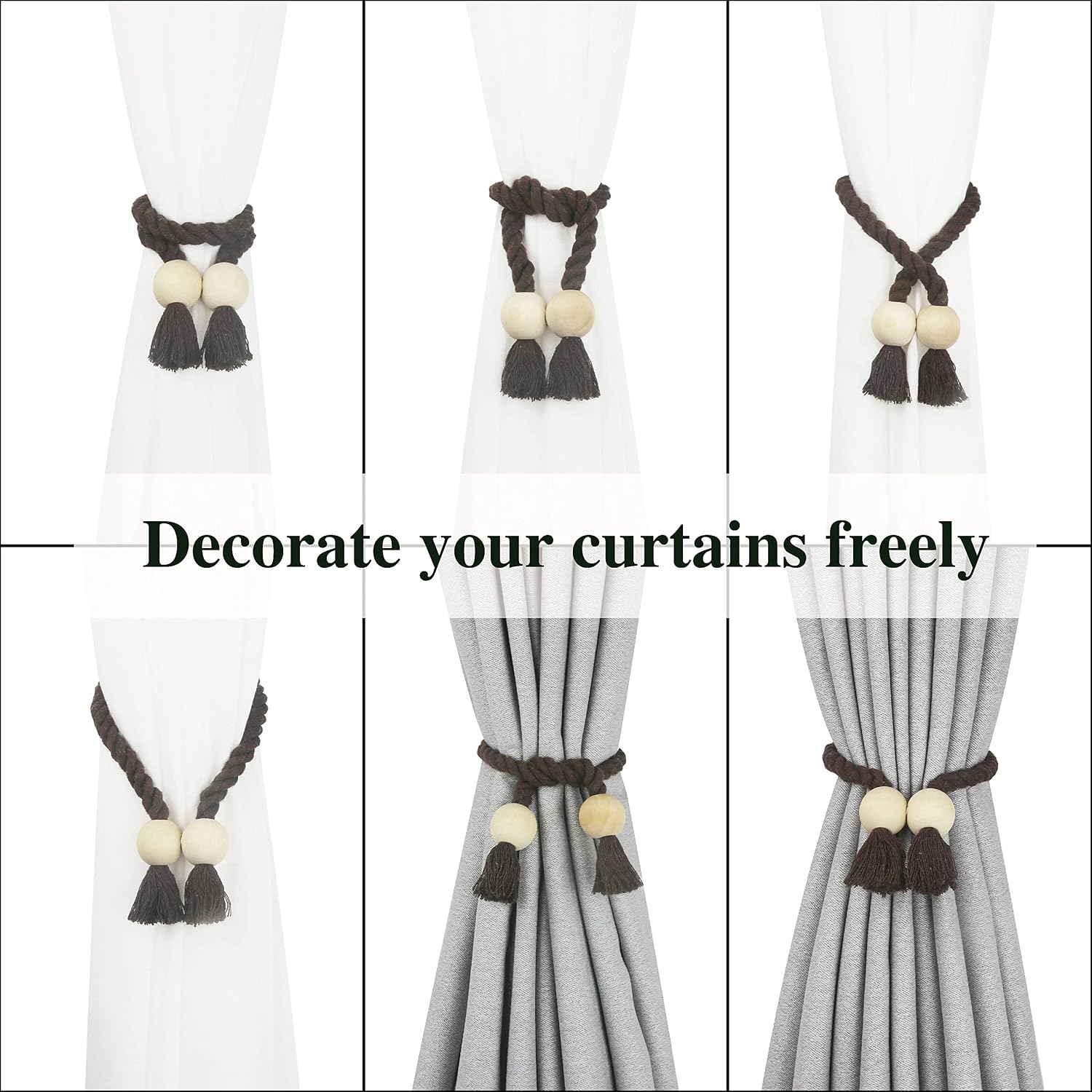 Magnetic Curtain Tiebacks Decorative Tie Back Drapes Holdbacks Nieffeiy | 6 Pack Coffee Cotton Hand Woven Rope Curtain