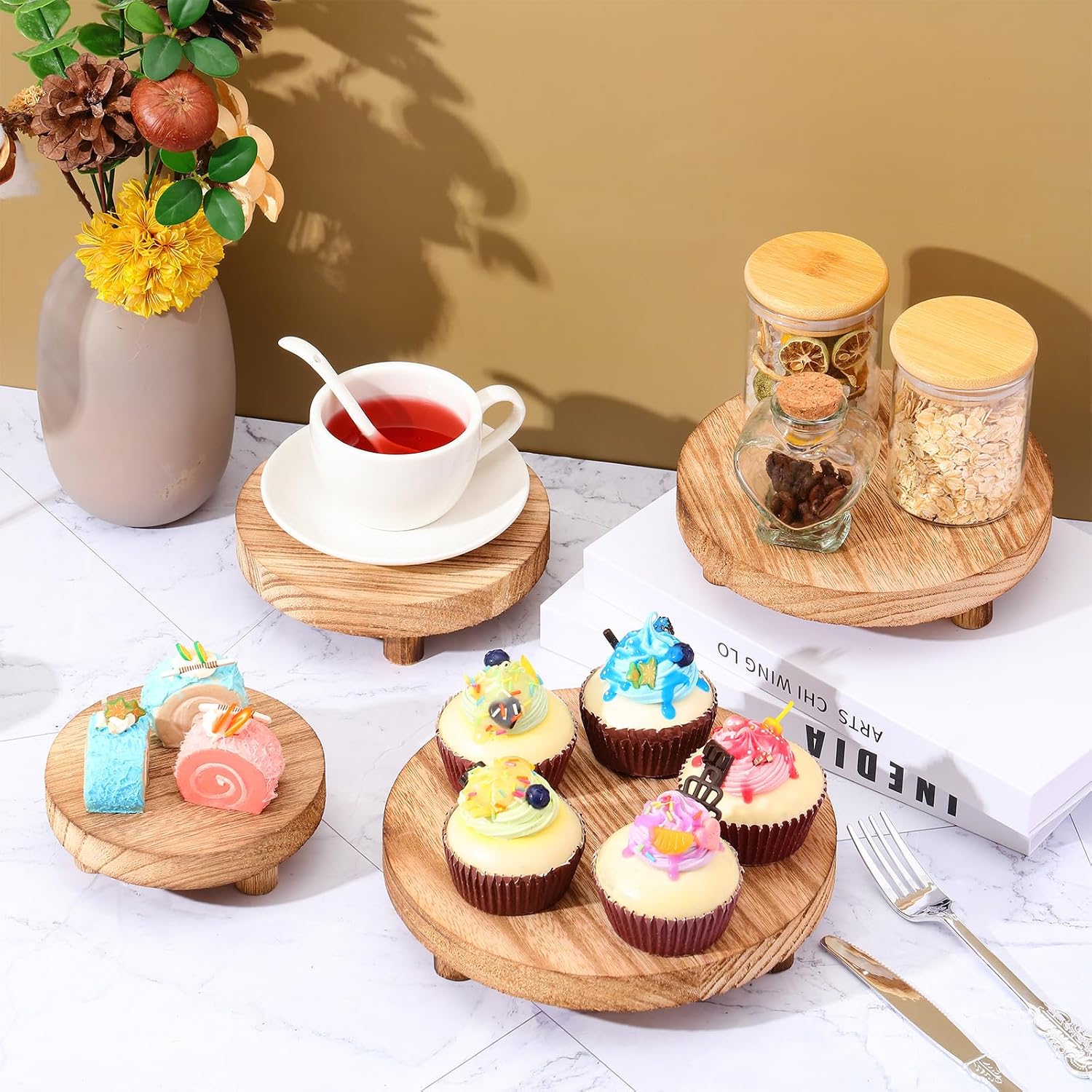 Wooden Risers for Display Wood Pedestal Stand Mini Tray Stand Round Wooden / Light Brown / Set of 4