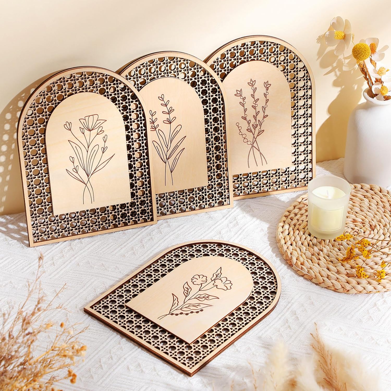 Rattan Wooden Boho Wall Decor Floral Room Wall Art Aesthetic Nursery Farmhouse / Natural / Set of 4