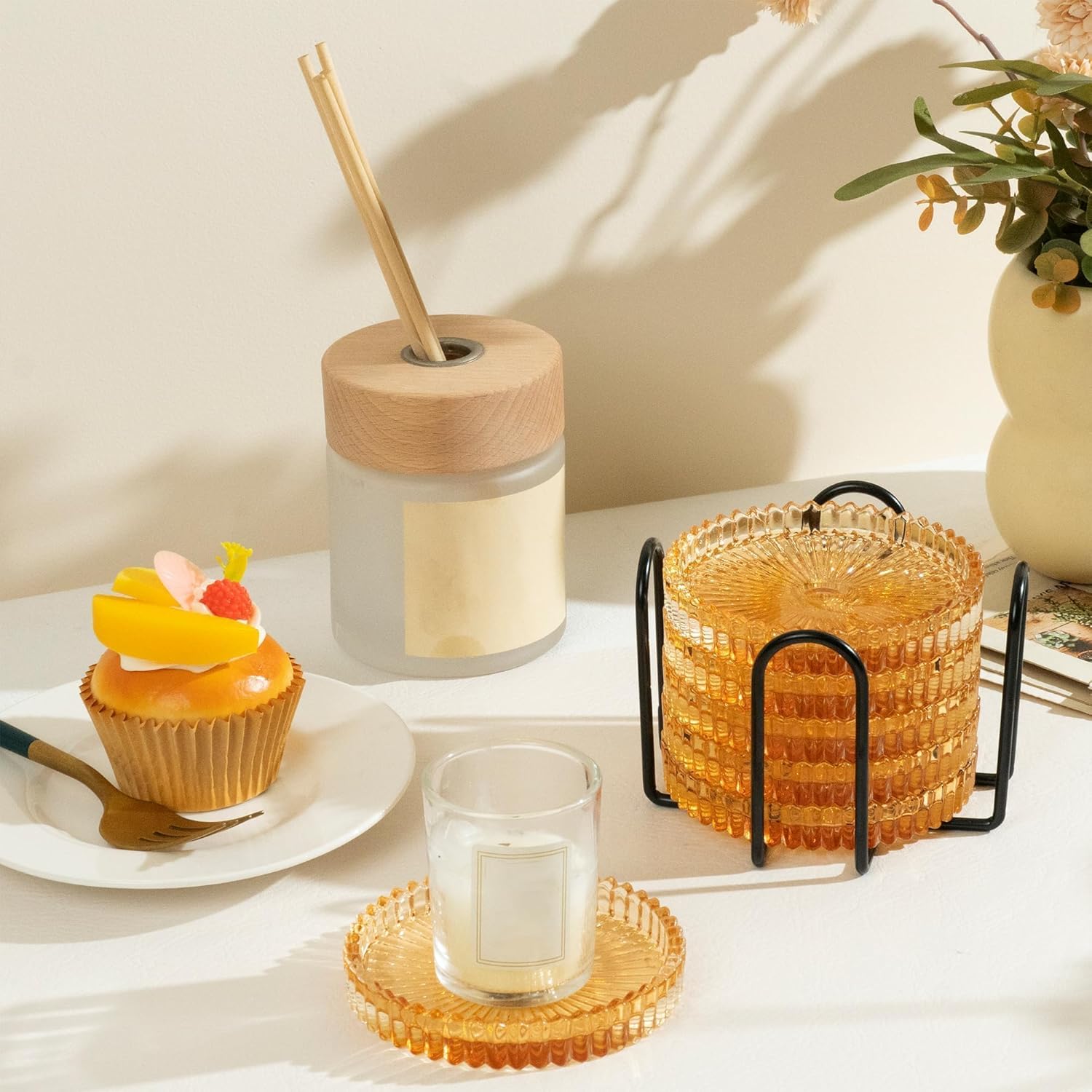 Holder Crystal Coaster Round Cup Coasters Coffee Table / Amber / Clear / Set of 6