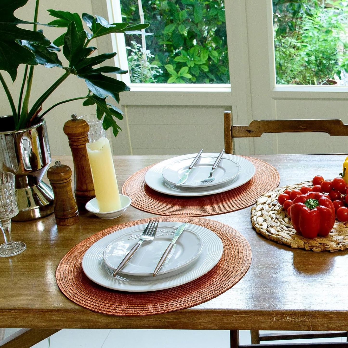 FunWheat Round Braided Placemats Set of 8 Table Mats for Dining Tables Woven Washable Non-Slip Place mats 15