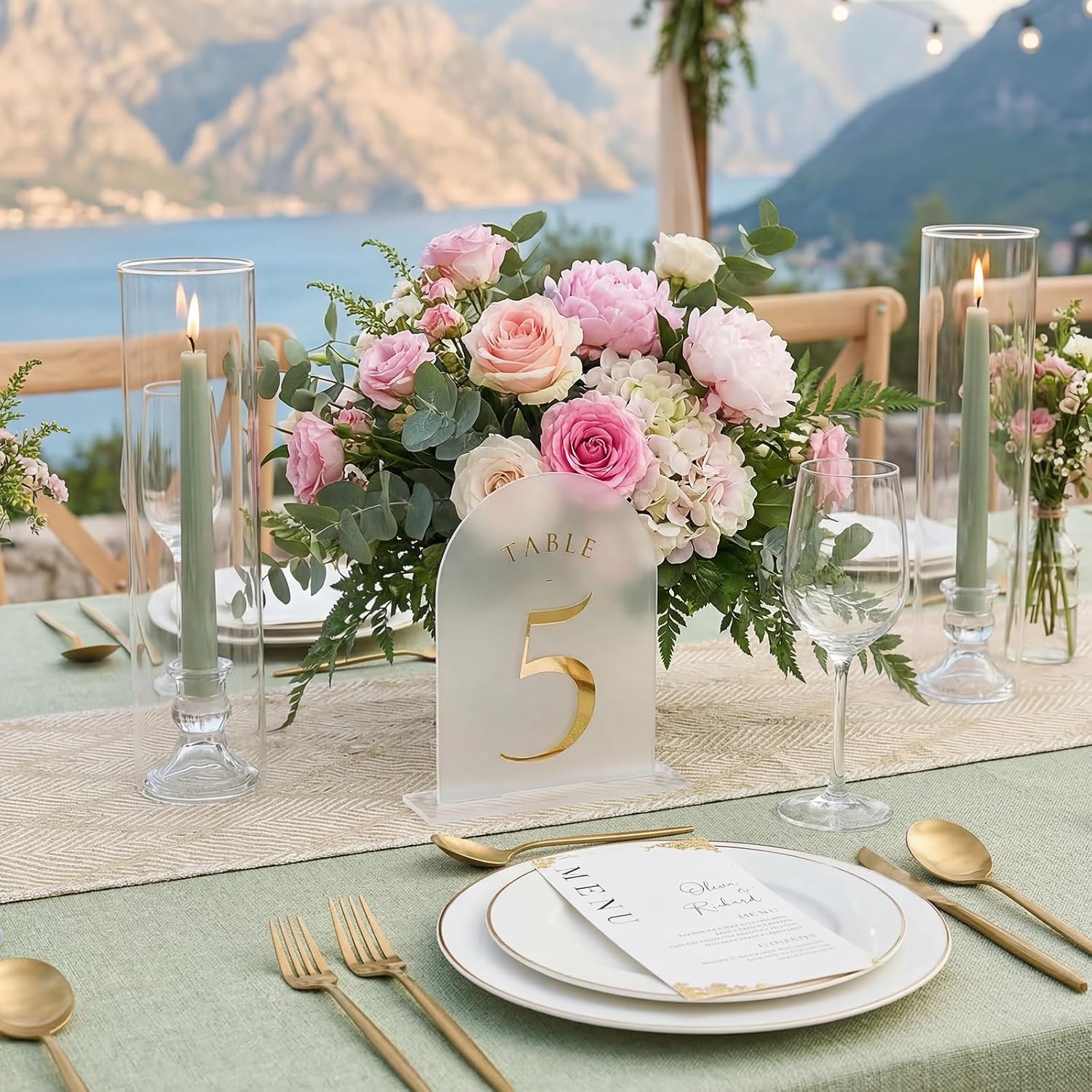 UNIQOOO Frosted Arch Wedding Table Numbers with Stands 1-30, Gold Foil Printed 5x7 Acrylic Display Signs and Holders