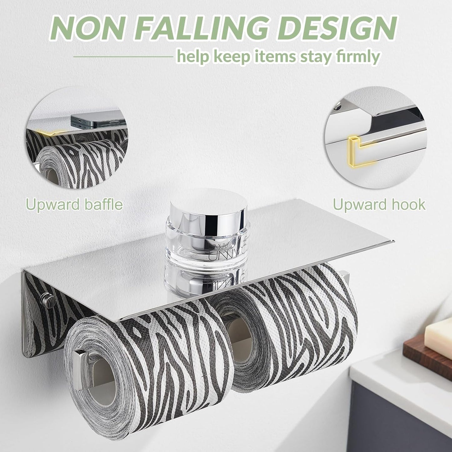 APLusee Double Toilet Paper Holder with Storage Shelf, Polished Chrome | Rustproof 304 Stainless Steel for Bathroom