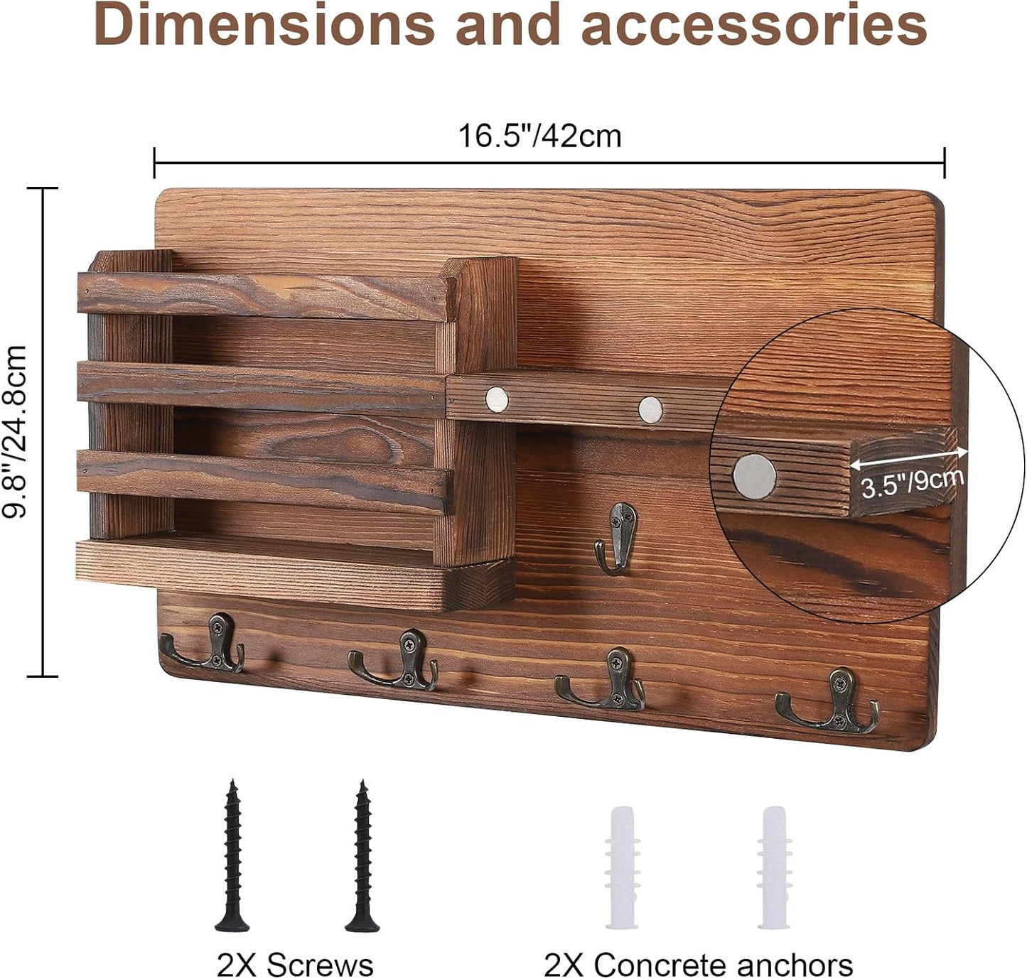 Easy Install Natural Wooden Key and Mail Holder / Brown