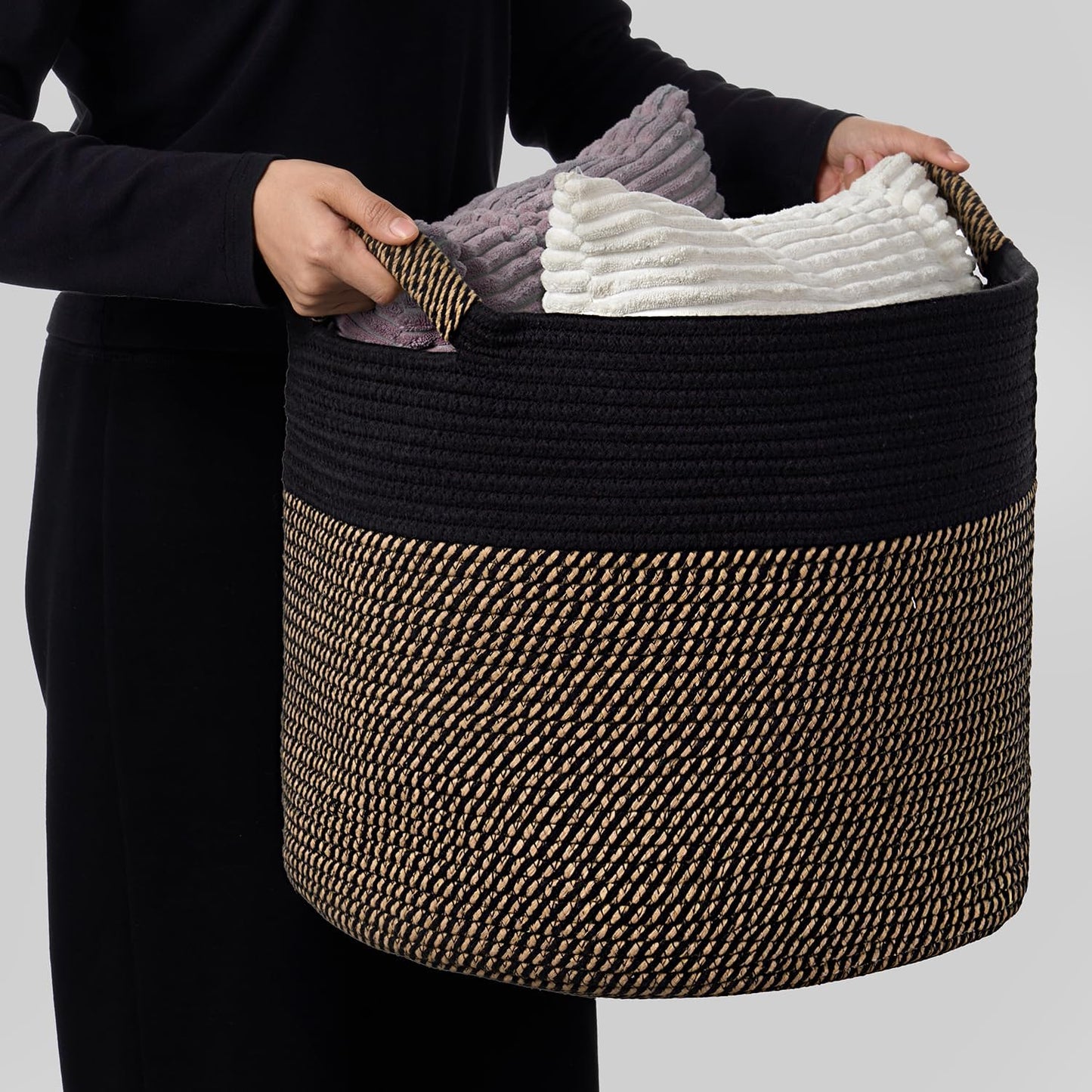 Blanket Basket / Pillows & Laundry / Black/mixed Jute / 16 x 16 x 14