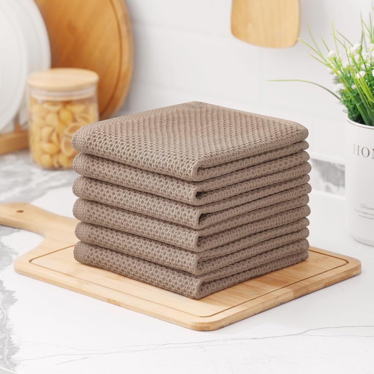 Kitinjoy 100% Cotton Waffle 12-Pack Kitchen Towels, 12" x 12", Tan | Ultra Absorbent, Super Soft, lightweight, Quick