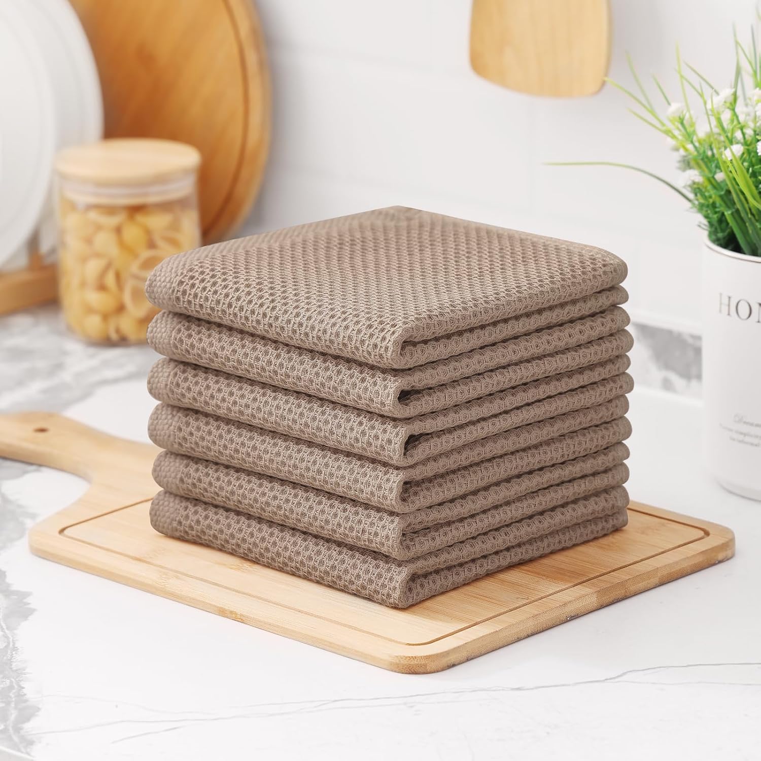 Kitinjoy 100% Cotton Waffle 12-Pack Kitchen Towels, 12" x 12", Tan | Ultra Absorbent, Super Soft, lightweight, Quick