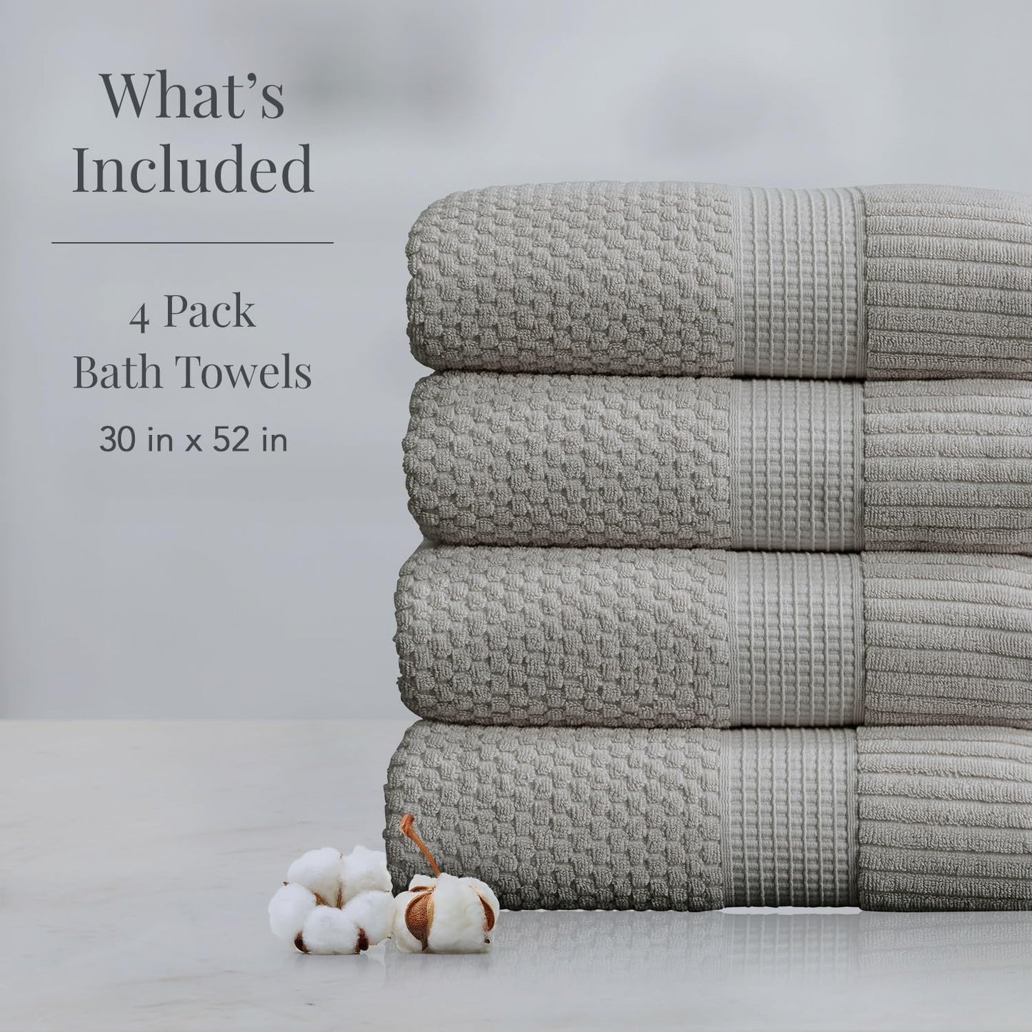 NY Loft 100% Cotton 4-Pack Bath Towel Set | Grey | Oeko-TEX | Quick-Dry | Four 30" x 52" Bath Towels | Super Absorbent