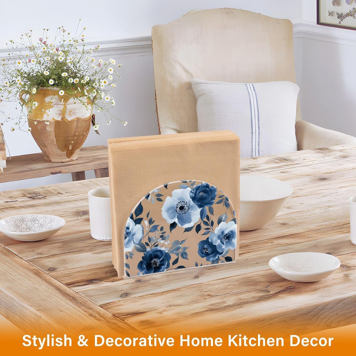 Watercolor Gray Peony Flowers Napkin Holder / Blue Floral