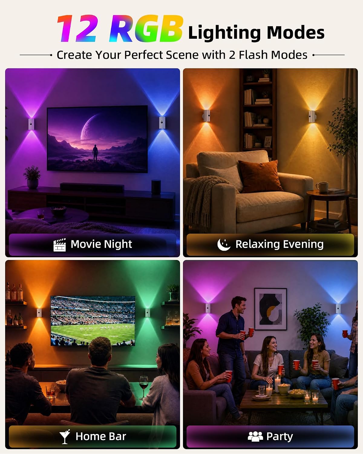 EZVALO Motion Sensor Wall Sconces, Battery Operated Wall Lights with 4000mAh Rechargeable Battery, 3 CCT & 12 RGB