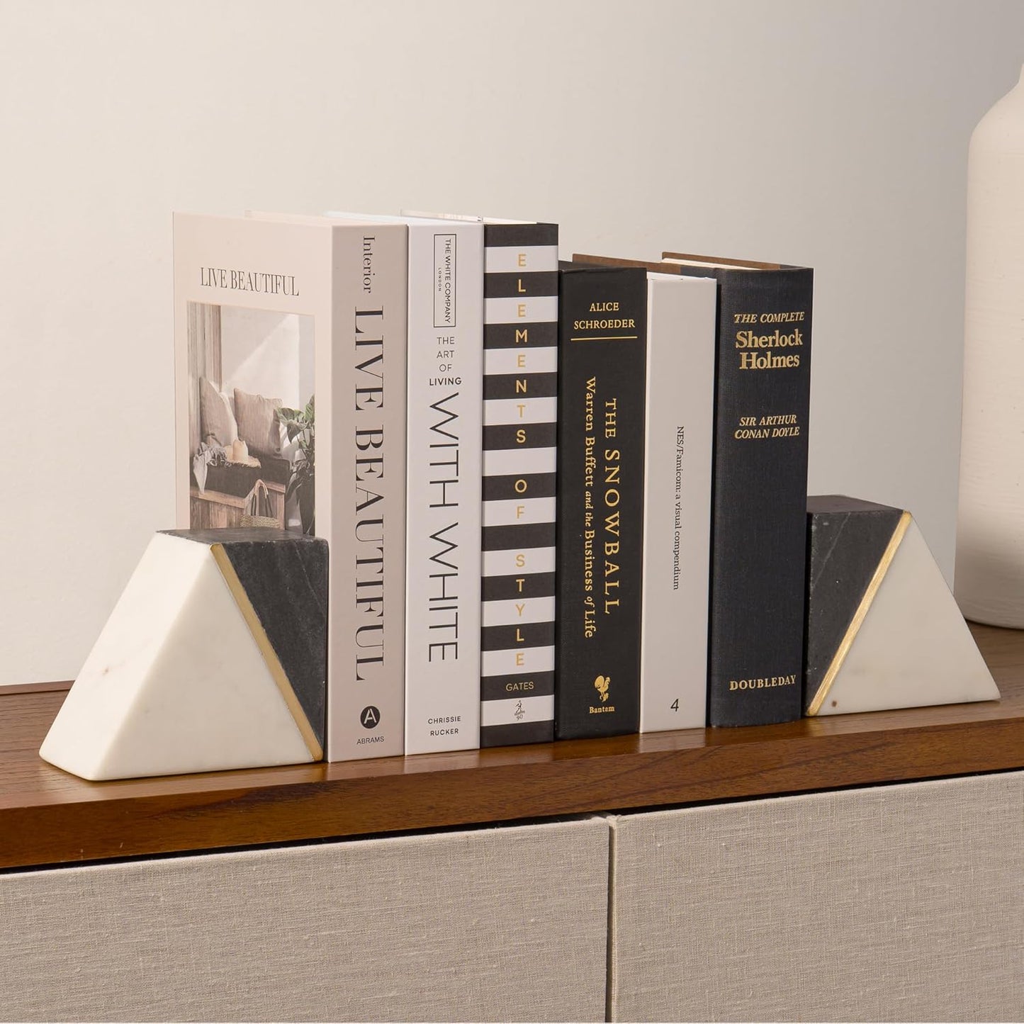 Marble Book Ends / White / Grey + Brass