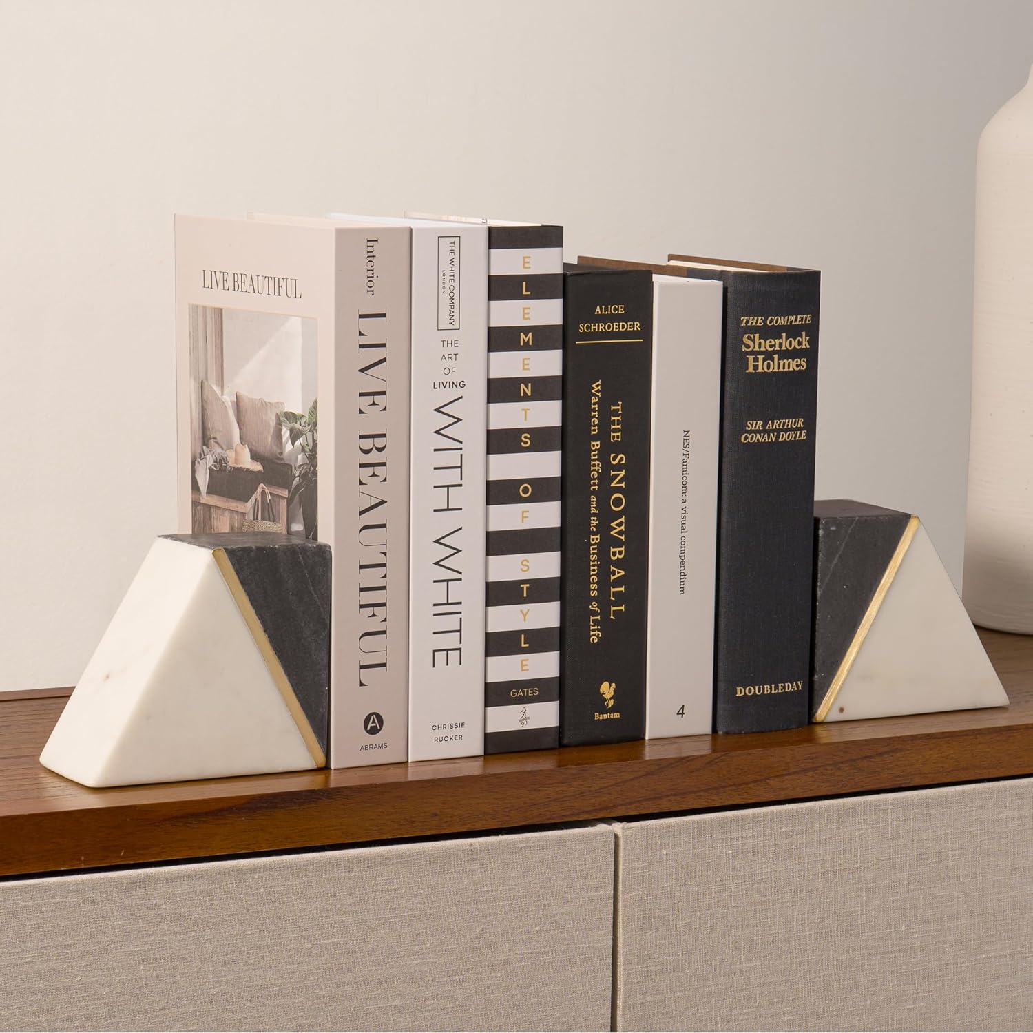 Marble Book Ends / White / Grey + Brass