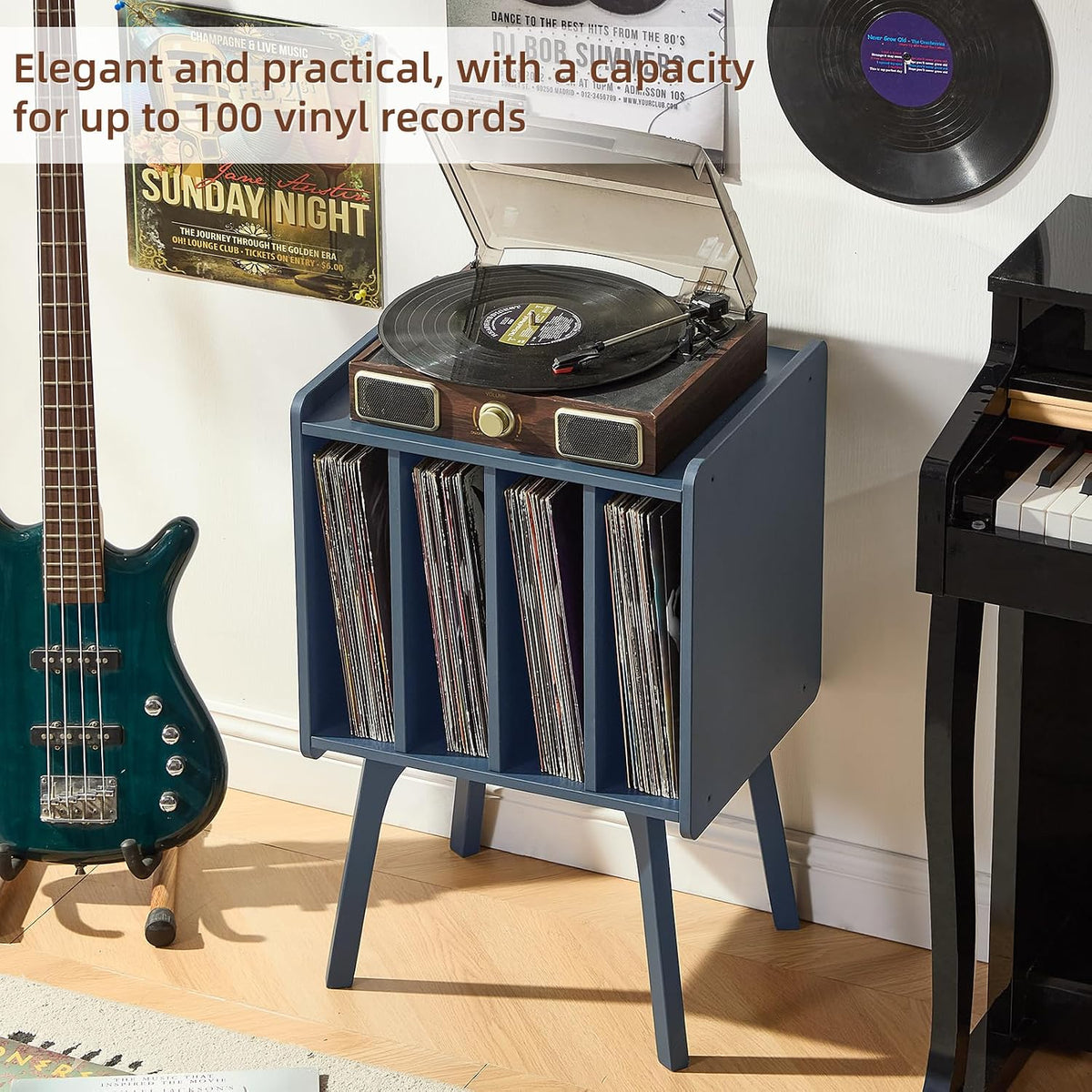 Record Player Stand, Blue Vinyl Record Storage Table for Albums | Mid-Century Modern Turntable Stand with Wood Legs, 4