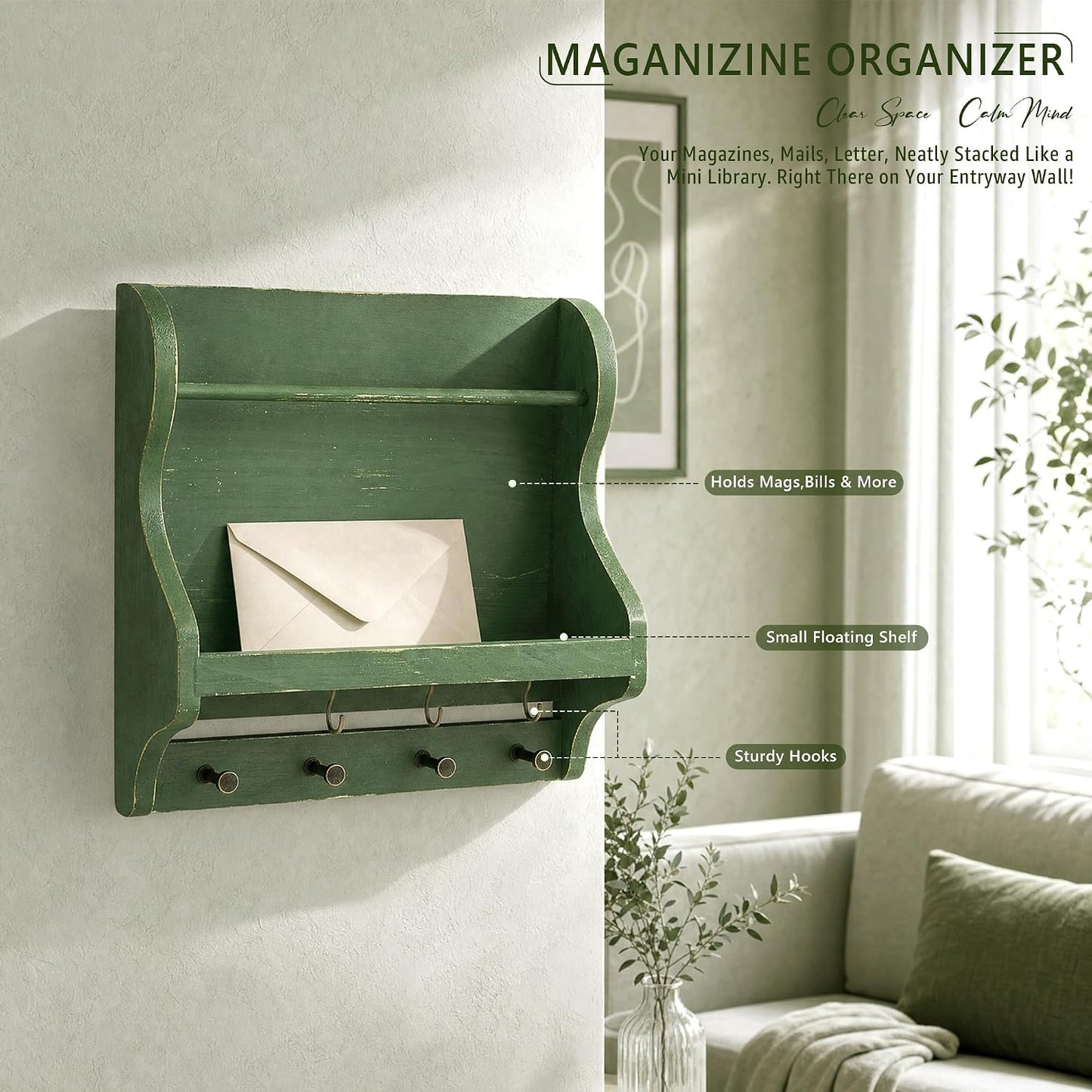 Pine Wood Mail Organizer Wall Mount / Green