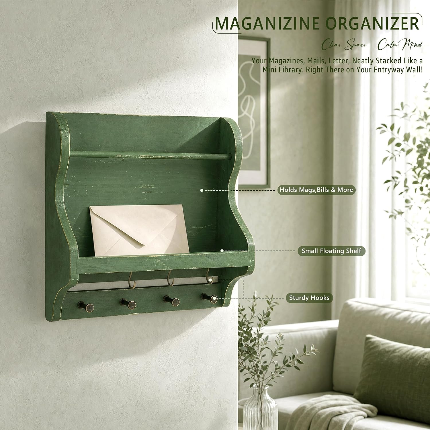 Pine Wood Mail Organizer Wall Mount / Green