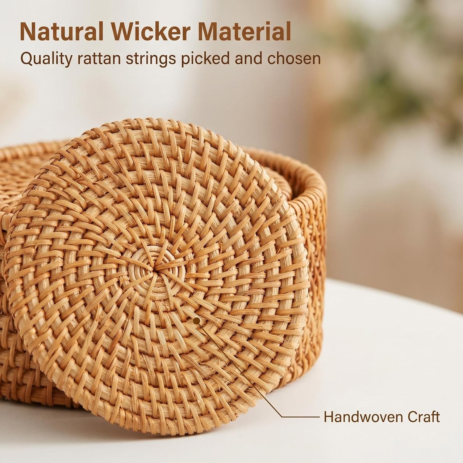 Holder｜ Wicker Drink Coasters Set for Protecting Table｜Boho Table / Natural / 4 Inch / Set of 6