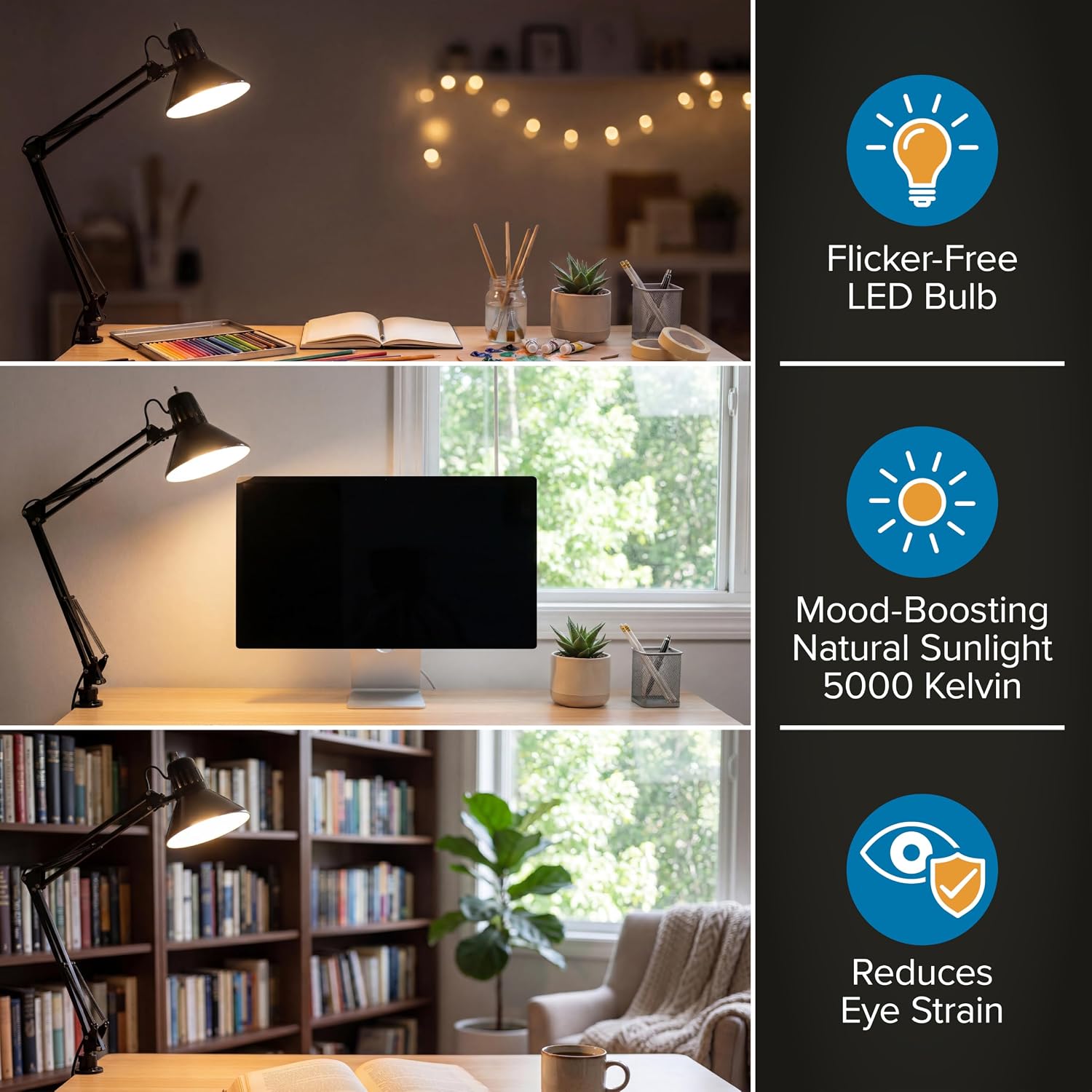 Bostitch Office VLF100 LED Swing Arm Desk Lamp with Clamp Mount, 36" Reach, Includes LED Bulb,Black