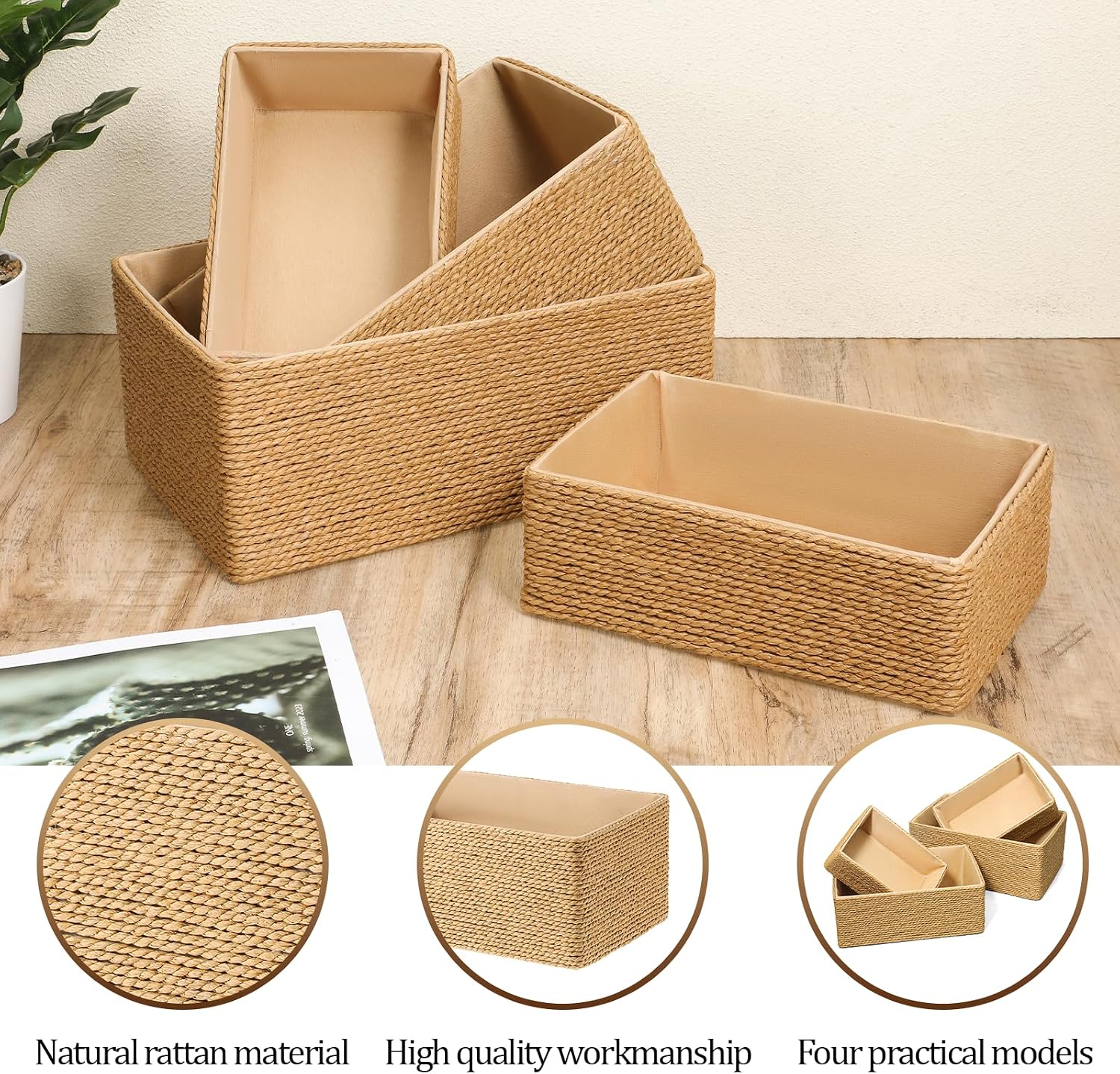 Wicker Storage Basket Hand Woven Paper Rope Storage Baskets Decorative Fruit Basket / Set of 4