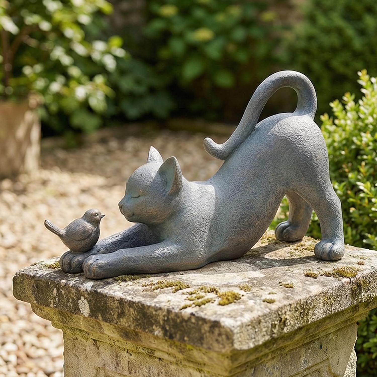 Cat Garden Statues Outdoor Cat-Figurines / Cat with Bird / 16 x 6 x 9.5