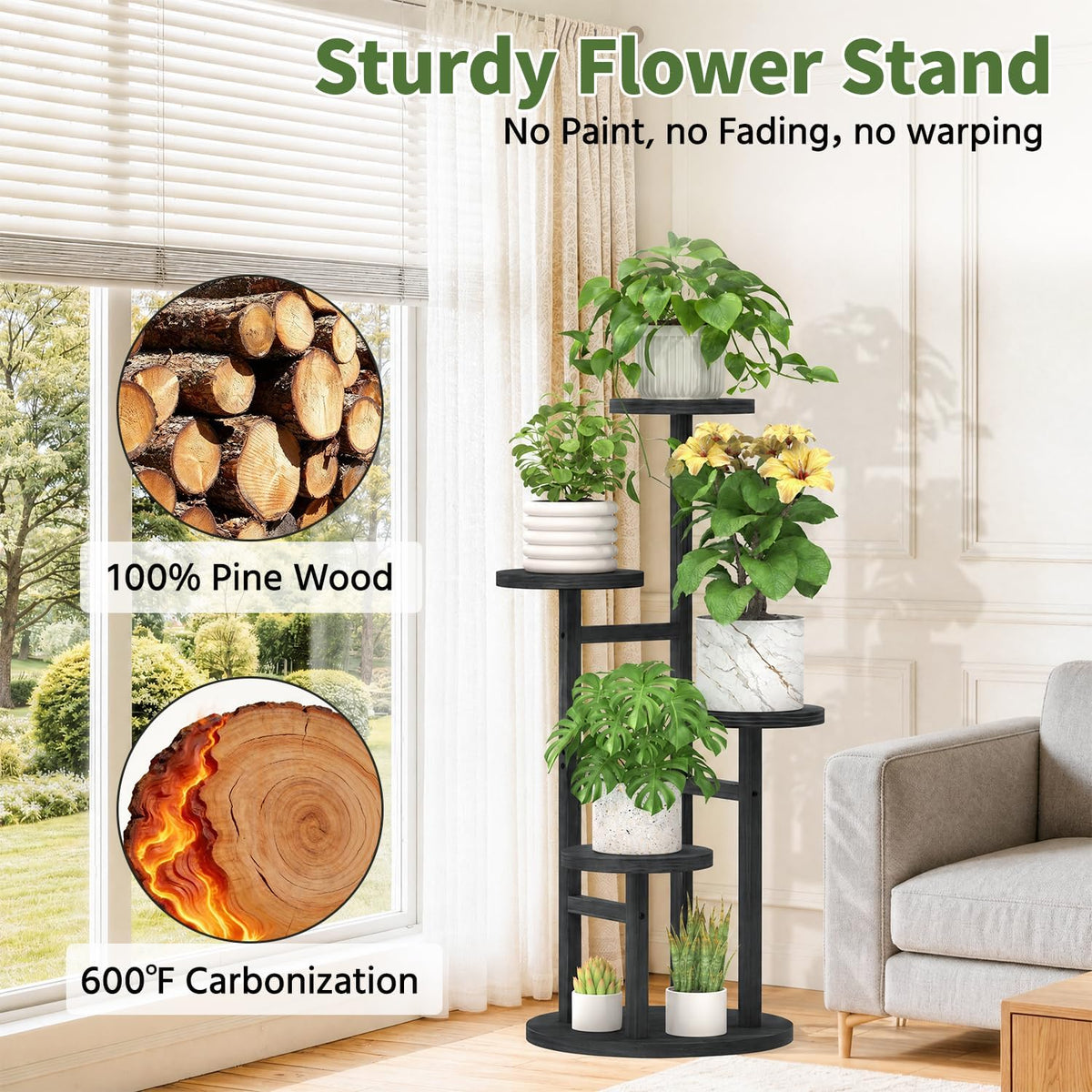 LASZOLA Wood Small Plant Stand Table Indoor Tall with Lights, 4 Tier Black | Corner Flower Pot Holder Rack for Multiple