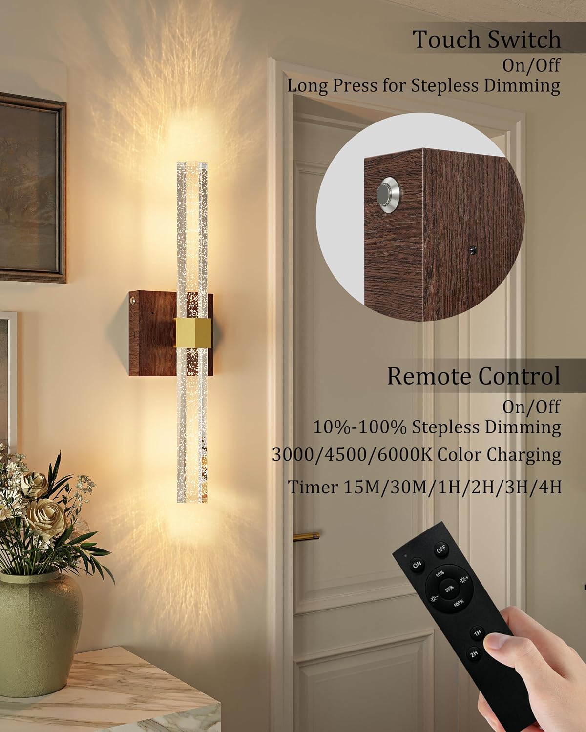 Gold Walnut Battery Operated Wall Sconces Set of Two, 18.4 Inch | LED Wireless Rechargeable Wall Lights Dimmable Timer