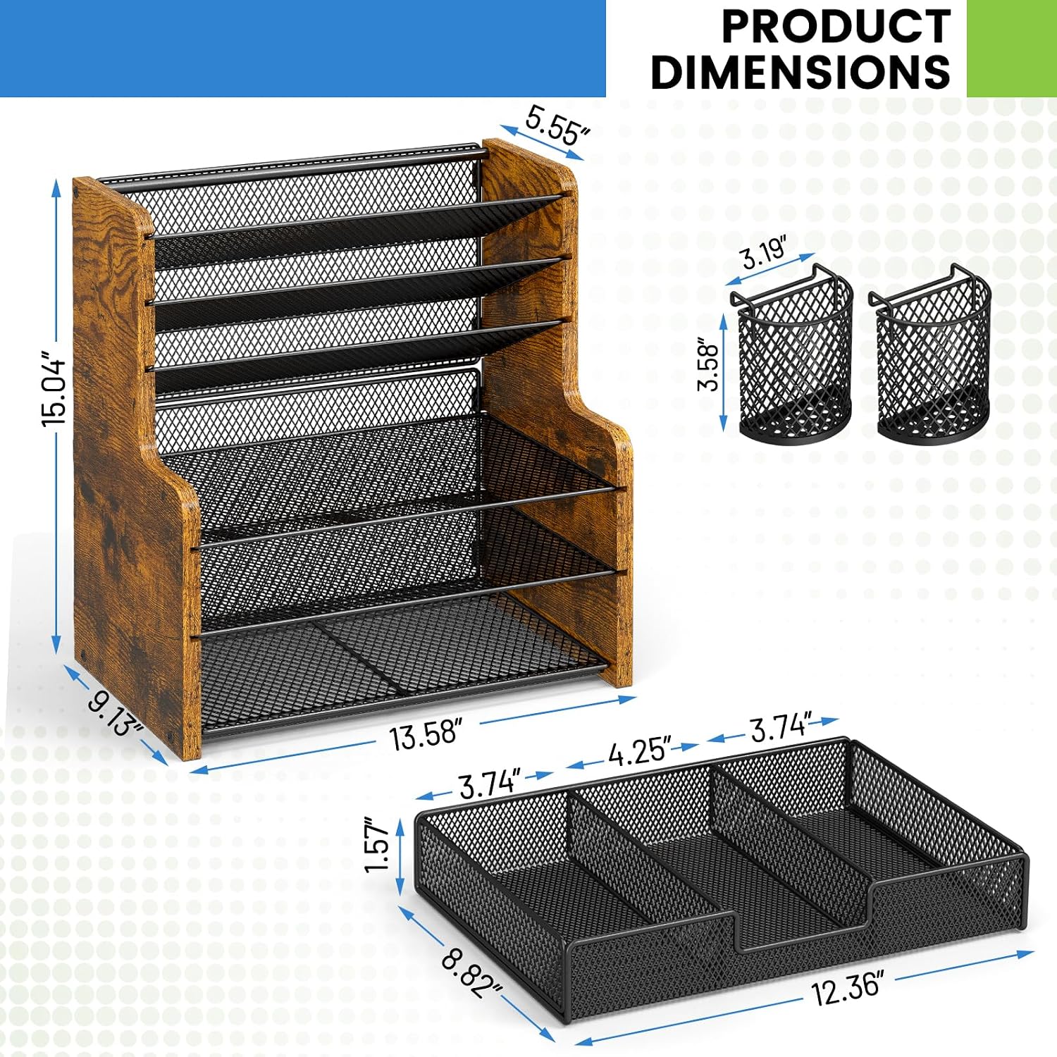 DAOUTIME 6-Tier Mesh Desk Organizer with Drawer, Wooden Office Organizer for Papers, Folders & Office Supplies - Sturdy